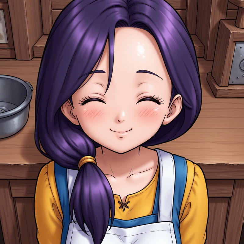 1girl,solo, <lora:DQ3_mother_ill_v1.00:1> d_q_3 mother, purple hair,low ponytail,hair over one shoulder, close