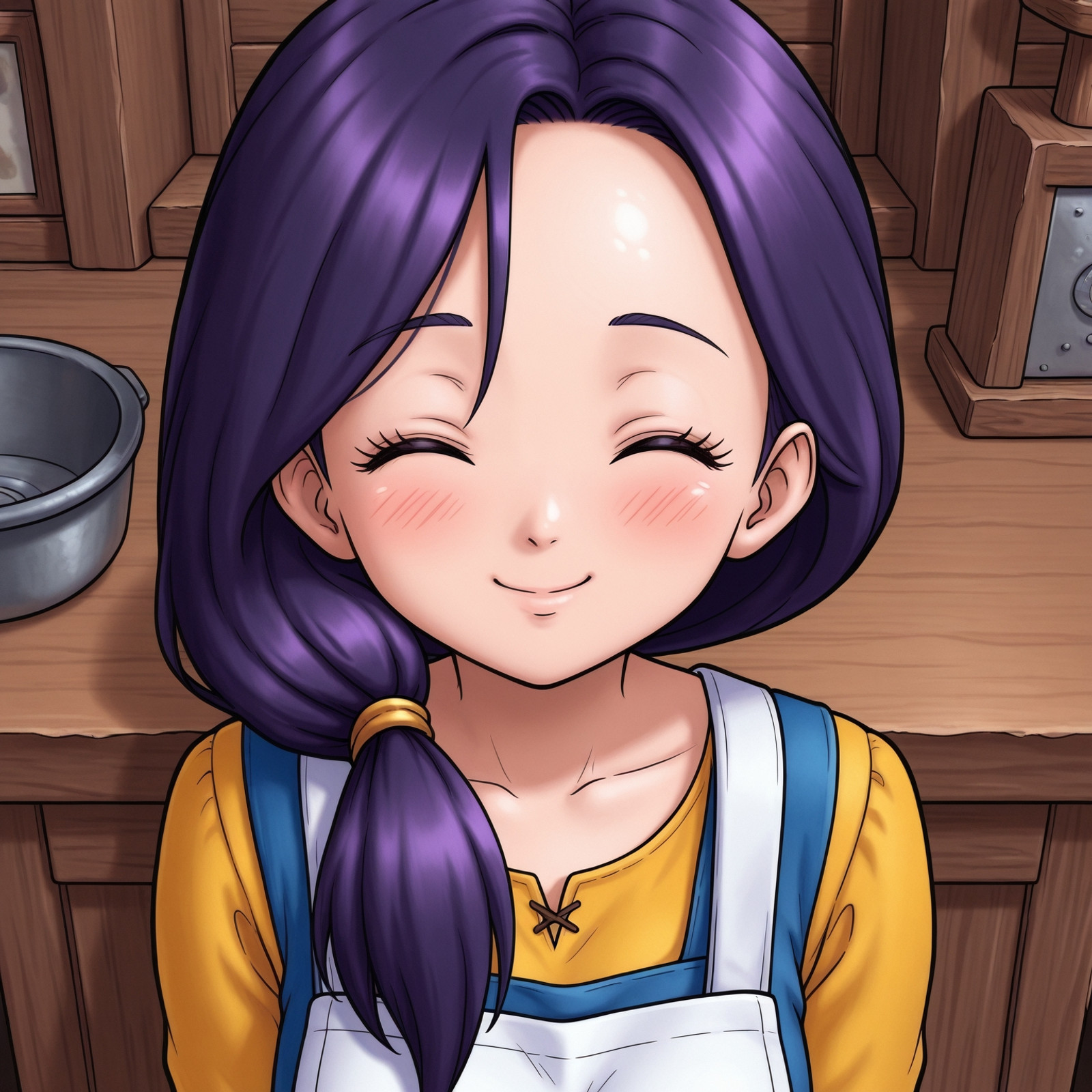 1girl,solo, <lora:DQ3_mother_ill_v1.00:1> d_q_3 mother, purple hair,low ponytail,hair over one shoulder, closed eyes,apron,yellow shirt,blue dress,smile,blush, lazypos, looking at viewer