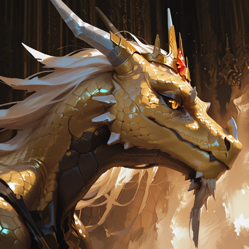 masterpiece, 8k, best quality, amazing quality, high resolution, ultra detailed, dynamic lighting, concept art, realistic, solo, closed mouth, disdain, (crown), feral dragon, silver horns, black sclera, golden eyes, slit pupils, glowing eyes, golden scales, creepy eyes, from side, close-up, face focus, warm tone, visible brushstrokes, muted color, yellow, white, black, pastel colors, Vo1d Sp3ctrum, <lora:Void_Spectrum:1.2> <lora:Lung-Easter-Dragon-IL-V1.0:0.6>