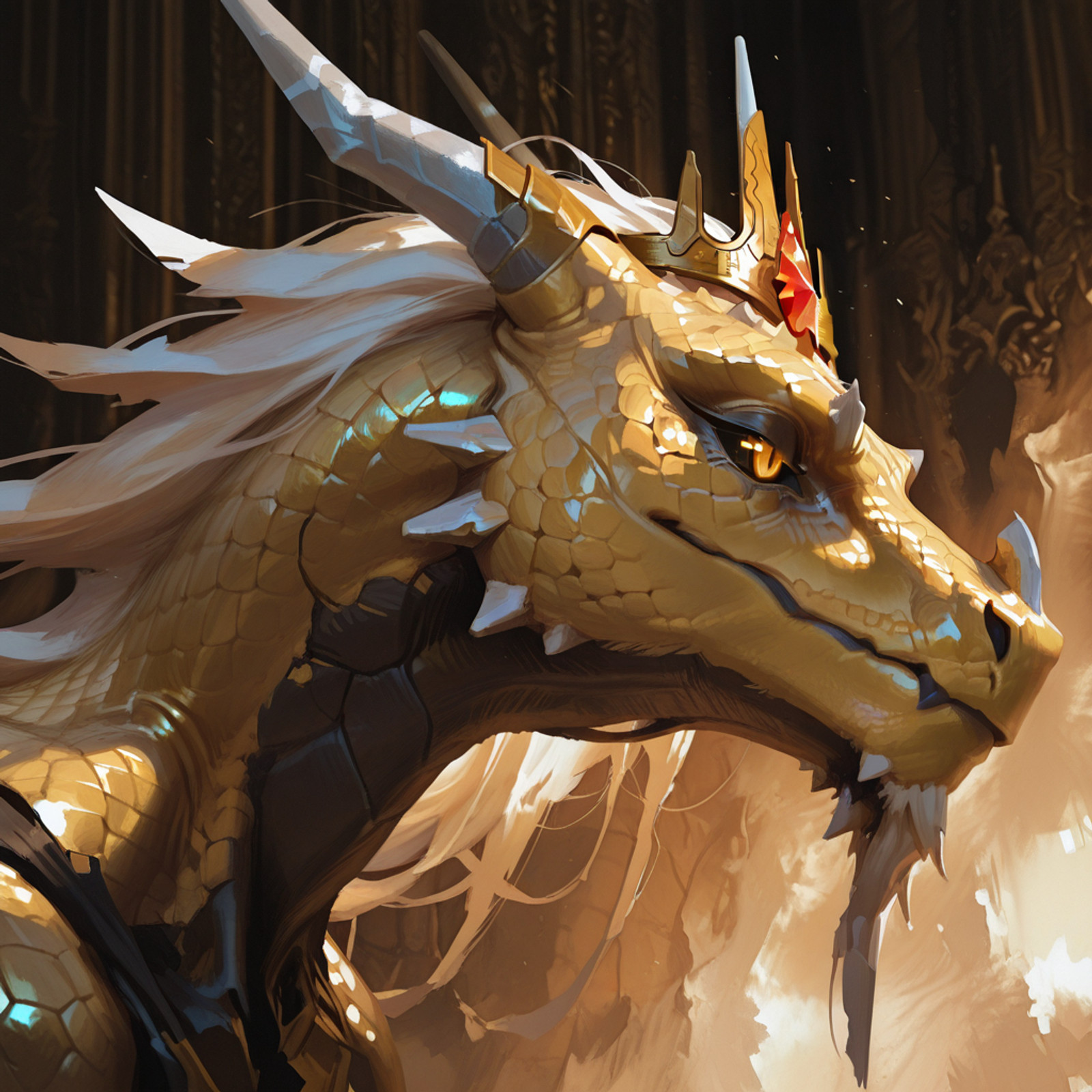 masterpiece, 8k, best quality, amazing quality, high resolution, ultra detailed, dynamic lighting, concept art, realistic, solo, closed mouth, disdain, (crown), feral dragon, silver horns, black sclera, golden eyes, slit pupils, glowing eyes, golden scales, creepy eyes, from side, close-up, face focus, warm tone, visible brushstrokes, muted color, yellow, white, black, pastel colors, Vo1d Sp3ctrum, <lora:Void_Spectrum:1.2> <lora:Lung-Easter-Dragon-IL-V1.0:0.6>