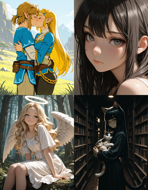 https://civitai.com/articles/8642 __ 1st image: masterpiece, best quality, 1girl, 1boy, princess zelda, the legend of zelda: breath of the wild, standing, kiss, hug, closed eyes, outdoors __ 2nd image: masterpiece, best quality, 1girl, face, portrait, looking at viewer, closed mouth __ 3rd image: masterpiece, best quality, 1girl, solo, blonde hair, wavy hair, angel, angel wings, halo, smile, sitting, forest, white dress __ 4th Image: masterpiece, best quality, 1girl, solo, long hair, black hair, blunt bangs, straight hair, round eyewear, cat girl, cat ears, cat tail, standing, holding cat, cat, looking at viewer, library, dark, dim lighting