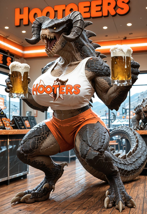 masterpiece, best quality, perfect quality, very awa, absurdres, newest, very aesthetic, absolutely eye-catching, intricate details,
dynamic pose, 1girl, solo, action pose, three quarter view, 
Sexy pose, roar, open mouth, hooters restaurant, toxic waste, 
digitgrade, thick thighs, three toes, massive breasts, wearing hooters uniform, holding beer, 
d34thclaw, horns, scales, tail, monster, claws, sharp teeth, spikes, muscular, creature, back spikes, colored sclera, humpback, hunched, thick neck, long fingernails, 