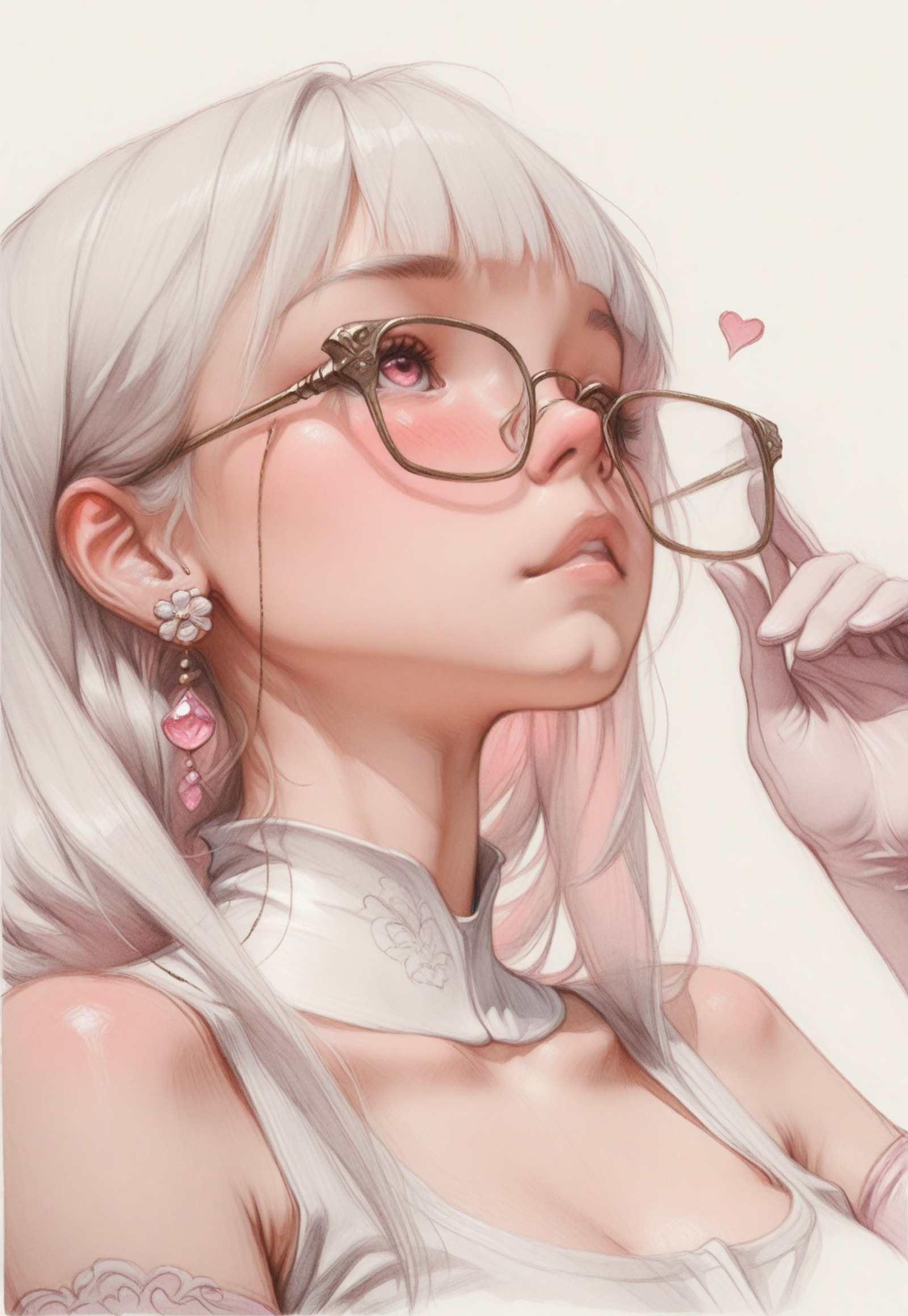 masterpiece, best quality, illustration, 

delicate, dreamy, fantasy art, volumetric lighting, natural shadows, soft and gentle colors, soft pastel colors, soft shading, detailed textures, 

1girl, solo,  portrait, close up, hearts, pink eyes, blushing, white hair, hime cut, high-collar white shirt, crop top, holding glasses, on side,  elegant earrings, pink elbow gloves, 
pink eyes, white background, abstract background, 
PRStyle,
sketch, traditional media, 
