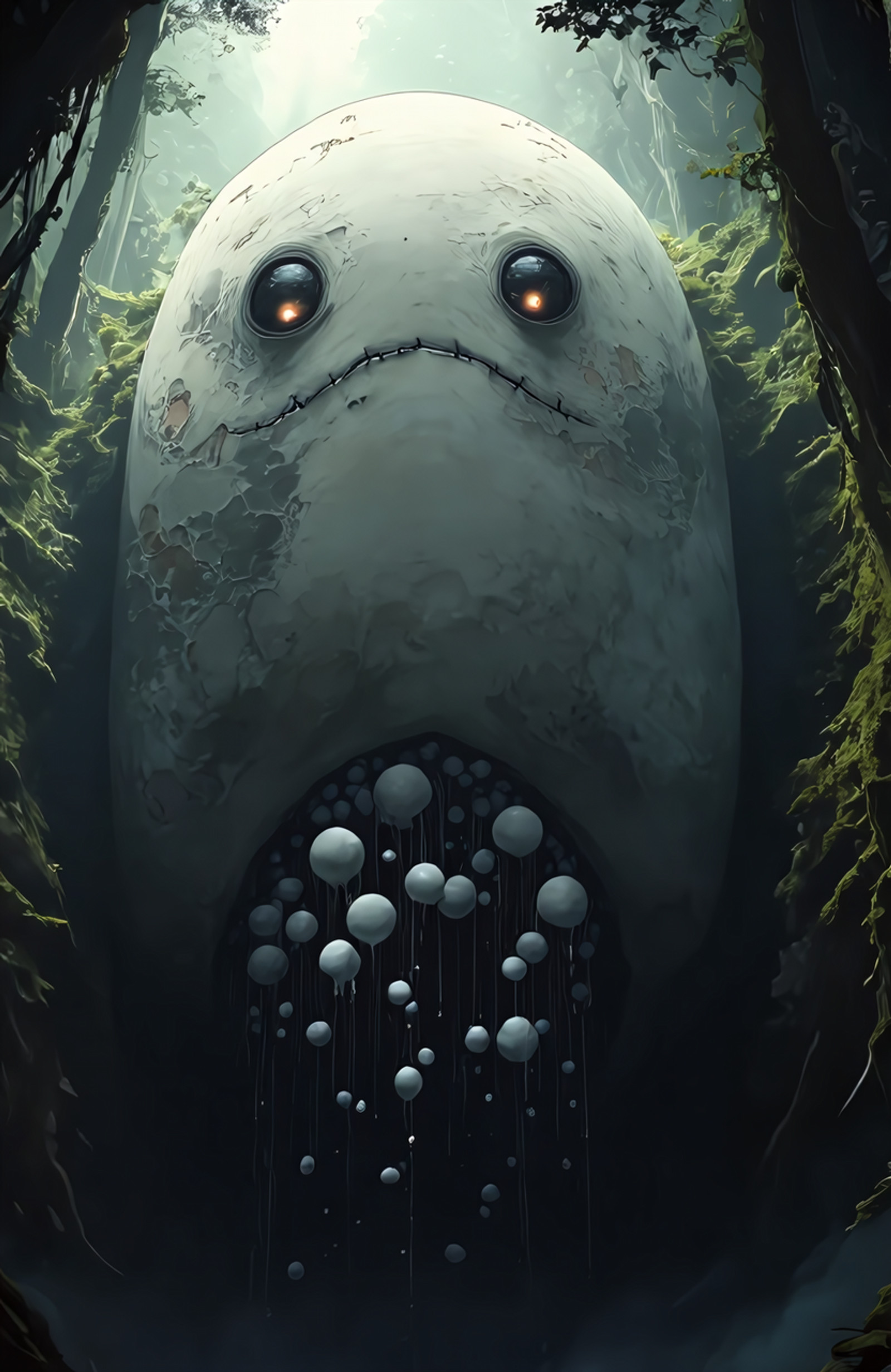 A massive, pale, bulbous creature dominates the center of the frame, its rounded form filling most of the vertical space. Its surface is textured with rough, mottled patches and appears slightly translucent in places. Two large, dark, circular eyes are set high on its face, each containing a small, warm orange glow at their centers. A simple, stitched line forms a mouth just below the eyes. The creatureâs lower half opens into a cavernous, dark maw filled with numerous smaller, white, spherical objects of varying sizes that hang down like clusters of fruit or bubbles, some appearing to drip faintly. The scene is set in a dense, misty forest with tall trees visible on both sides and behind the creature; their branches are covered in green moss and foliage. Light filters down from above, creating shafts of illumination that pierce the gloom and highlight the creatureâs upper body and the surrounding trees. The background recedes into deep shadow, emphasizing the creature's presence. The overall atmosphere is dim and atmospheric with a soft haze or fog diffusing light throughout the scene.
