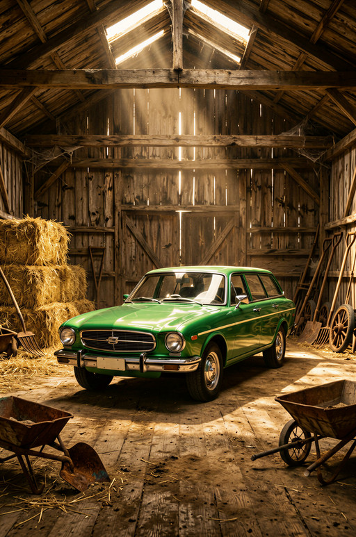 Subject: A pristine, vintage Opel Omega station wagon, immaculately restored to a flawless mint condition, parked centrally within a massive, weathered wooden barn. The vehicle is the primary focus, highly polished and gleaming under the dim light, serving as a sharp contrast to its surroundings.
Style: Hyper-realistic, highly cinematic editorial photography with a deep, nostalgic, Americana aesthetic. The overall look should emulate high-end automotive and lifestyle magazine photography.
Composition: A wide-angle, slightly low-to-the-ground tracking shot, positioned to capture the full length of the station wagon and incorporate the depth of the barn structure. The car is framed against a backdrop that includes stacked haystacks to one side and rows of antique farm implements to the other, creating a balanced, deeply dimensional scene.
Lighting: Golden hour lighting filtering intensely through high, dusty gaps in the barn roof, creating dramatic volumetric god rays. The primary light source should be directional and warm, casting long, pronounced shadows that accentuate the vehicle's curves and the texture of the wood. High contrast, but with soft falloff.
Color Palette: Dominated by muted, earthy tones: deep ochre, faded barn wood browns, dusty straw yellows, punctuated by the vivid, fresh metallic green and cream of the mint-condition Opel. Pops of oxidized rust and deep shadow provide contrast.
Mood / Atmosphere: Deeply nostalgic, peaceful, and cinematic. A sense of preserved history, stillness, and quiet beauty permeates the air, suggesting a moment paused in time.
Technical Details: Captured with a Hasselblad X2D 100C medium format camera, utilizing an 80mm lens. Aperture set at f/8 to maintain sharp focus across the car and foreground elements, paired with a moderate shutter speed of 1/100th of a second. Shot at 320 ISO, emphasizing crystal clarity and deep tonal range.
Additional Elements: The Opel Omega must appear spotless, reflecting the light perfectly. The barn structure should feature rough, splintered wooden planks, visible grain, and cobwebs. Scattered around the vehicle are meticulously placed antique farm toolsâa rusted plow, wooden wheelbarrows, and pitchforksâwith visible patina and accumulated dust. Large, golden haystacks are stacked unevenly in the background, adding significant texture and warmth to the scene. The floor should be packed earth and worn wooden boards, scattered with fine dust motes.