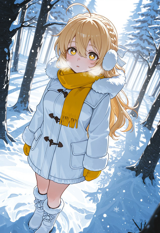 1 girl, solo, depth of field,(medium breasts:1.1), (blonde hair:1.2), big round eyes, yellow eyes, white pupils, white hair ribbon, (french braid:1.3), long hair, hair between eyes, japanese ahoge,   

BREAK

white puffer winter coat with fur hood, thick yellow knitted scarf, white earmuffs, yellow mittens, white fleece-lined boots, standing in snowy forest, gentle snowfall, snow-covered pine trees, breath visible in cold air, rosy cheeks, winter atmosphere, soft diffused lighting, snowflakes floating, cozy winter aesthetic,

BREAK  

(dynamic pose:1.1), (dynamic angle:1.1), dutch angle,  soft anime lighting, cinematic lighting, volumetric lighting, ray tracing, dramatic shadows, masterpiece, best quality, amazing quality, 4k, very aesthetic, high resolution, ultra-detailed, absurdres, newest, ultra-HD,