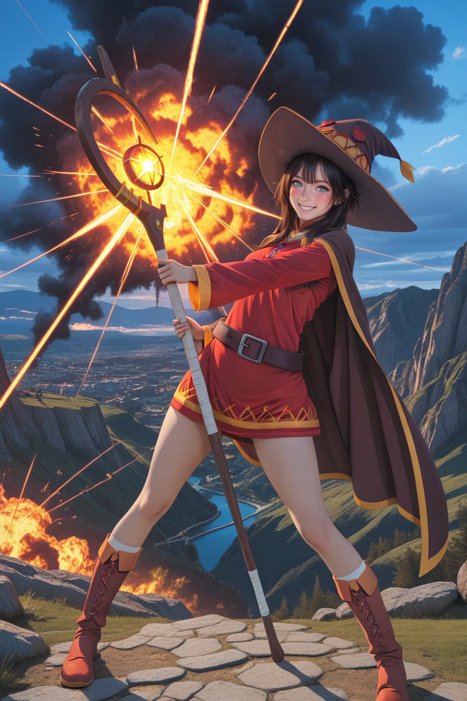 megumin,brown hair,short hair,red eyes,eyepatch,1girl,solo,witch hat,red cape,holding staff,explosion magic,dramatic pose,fiery explosion in background,open mouth,excited expression,fantasy landscape,masterpiece,best quality,<lora:megumin:1>,