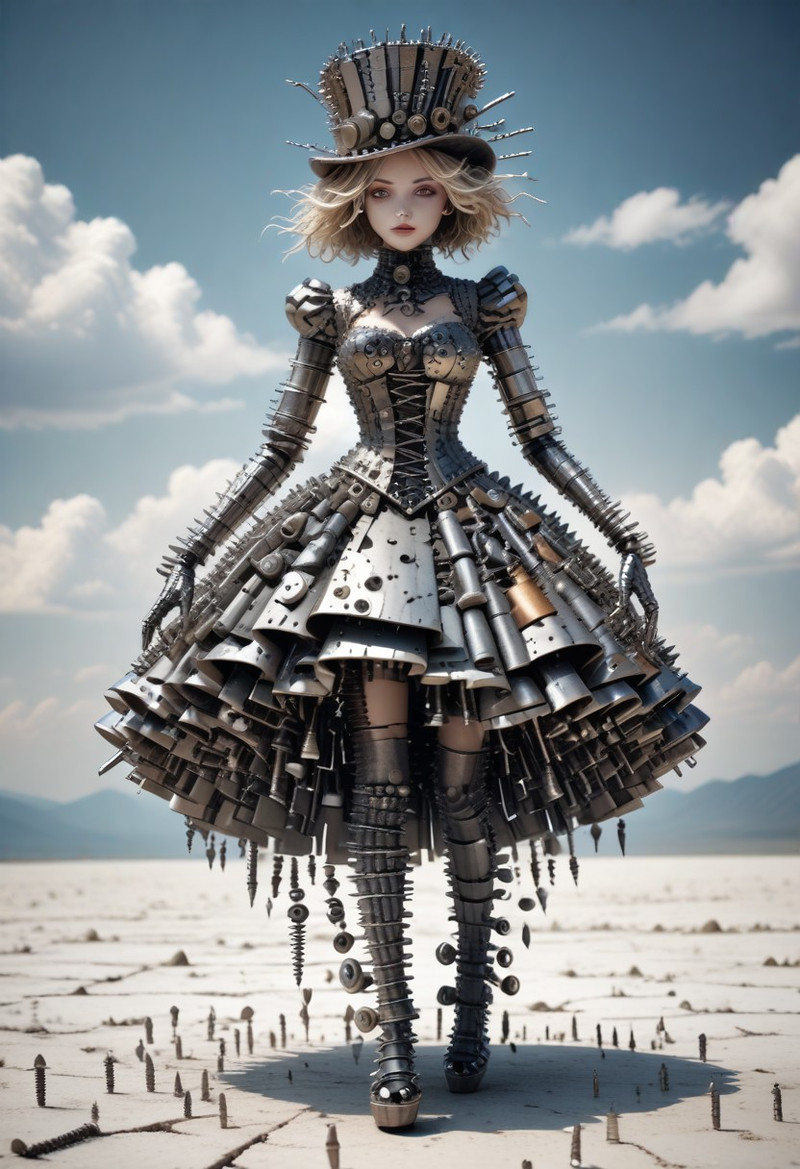 fastenerswm.
A surreal steampunk haute-couture fantasy character walking confidently across an endless salt fl
