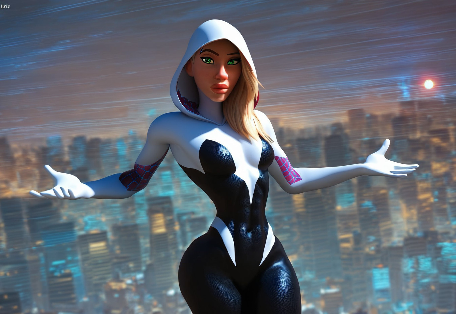 Very feminine,score_9, score_8_up, score_8_up,((detailed perfect eyes)), 1girl,solo, cosplaying as spider gwen, long hair,white,  navel,green eyes,spiderman, skyscrapers, custom, night cityscape background, long blonde hair, looking at viewer , front view, dreamy eyes, arching back, dynamic action, high elevation, fit body, small waist, godrays, yellow purple sky, Expressiveh, straight hair,large hips, Disney style, 3DMM,3D, octane render , intrinsic details, perfect  face, dynamic action 