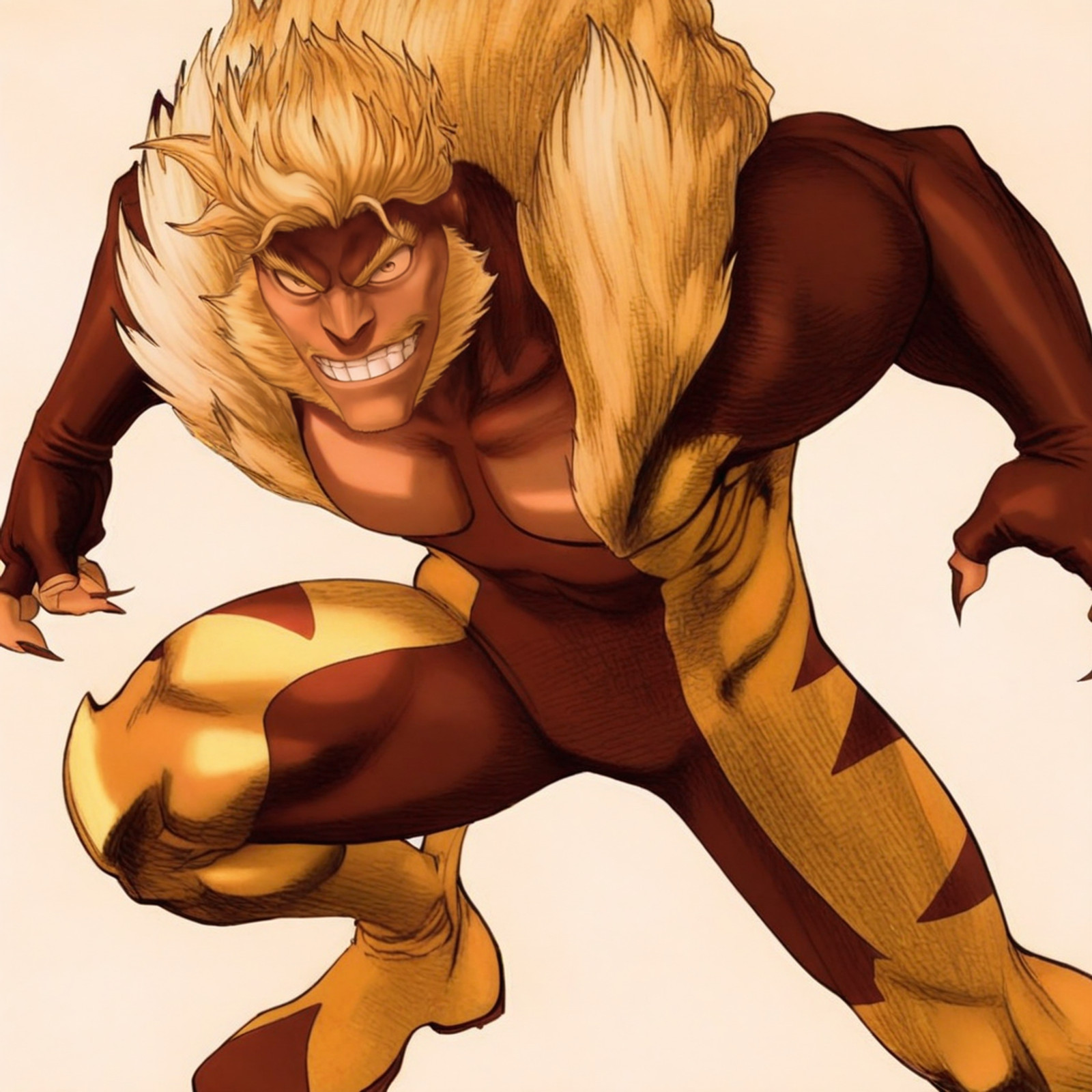 <lora:sabertoothIL:1>,sabertoothIL, solo, blonde hair, 1boy, gloves, male focus, boots, teeth, dark skin, fingerless gloves, muscular, bodysuit, facial hair, dark-skinned male, beard, yellow bodysuit     <lora:bleachColoredMangaIllup:1>