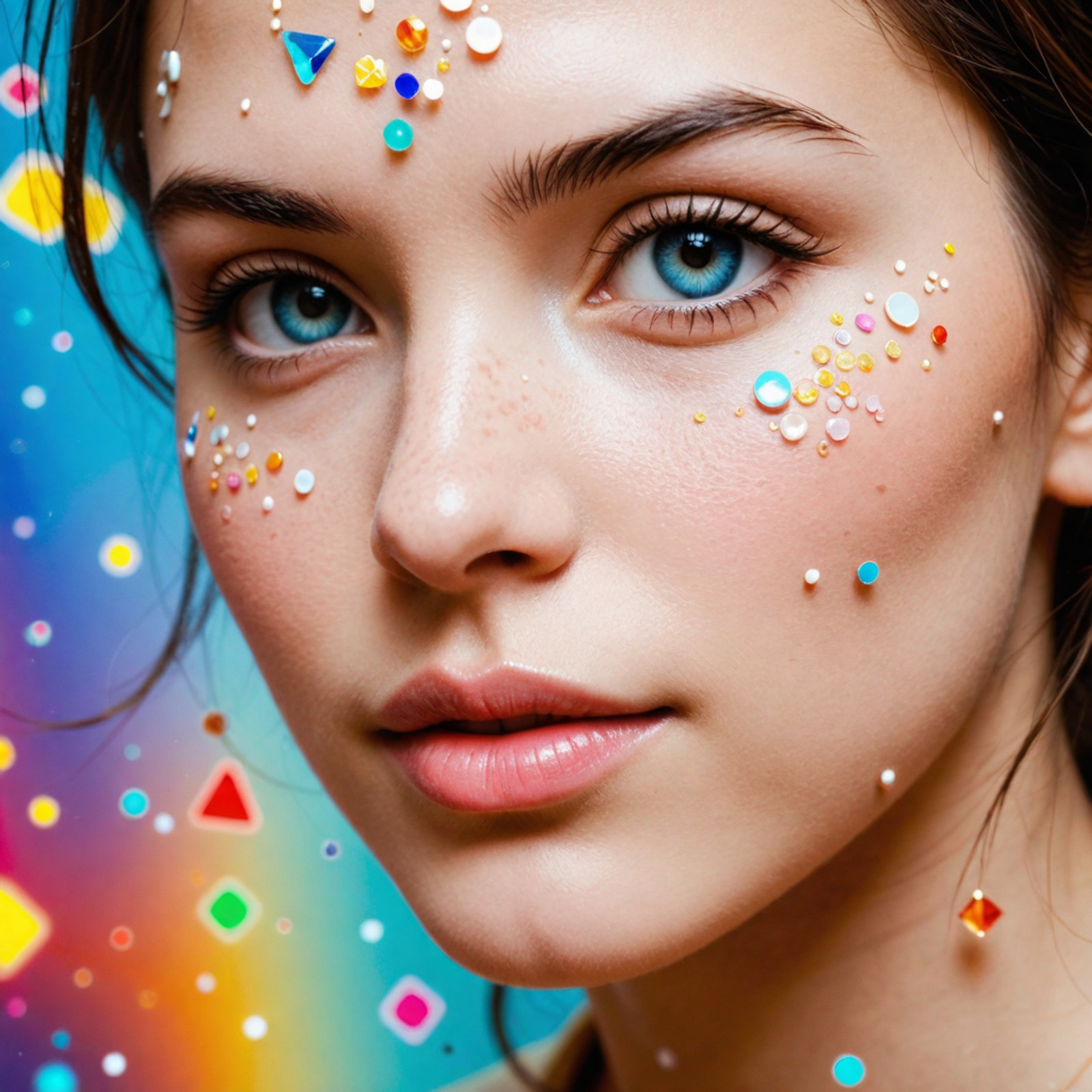 close‑up portrait of a woman, calm expression, fractal light patterns swirling softly around her, luminous curves and geometric light shapes, ethereal atmosphere, crisp facial focus, vibrant but elegant color palette, high‑resolution fantasy photography
