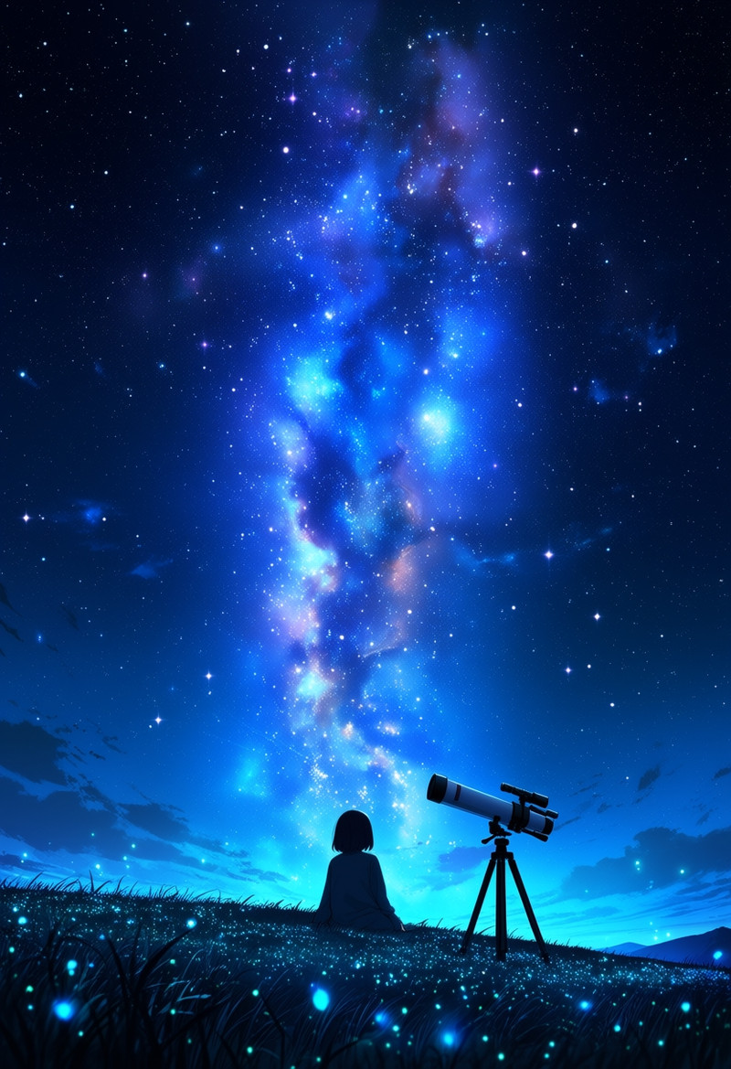 masterpiece, best quality, absurdres, safe, 1girl, solo, back view, sitting, grassy hill, telescope, tripod, n