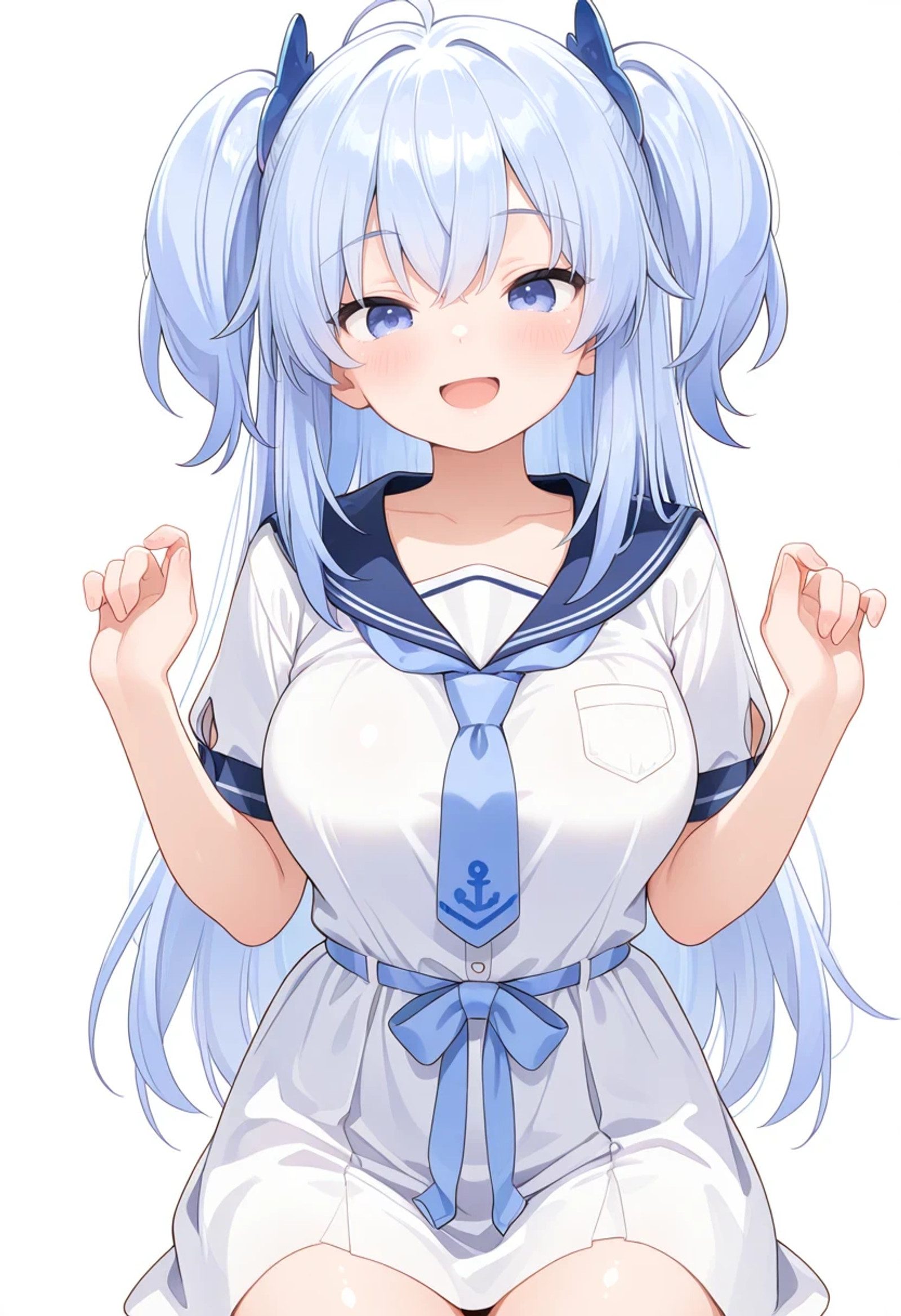 masterpiece,best quality,absurdres,1girl,
:d,
white background,
<lora:training_5545125-20260302075658210:1>,sunao,hair ornament,
blue sailor collar,blue necktie,white dress,short sleeves,