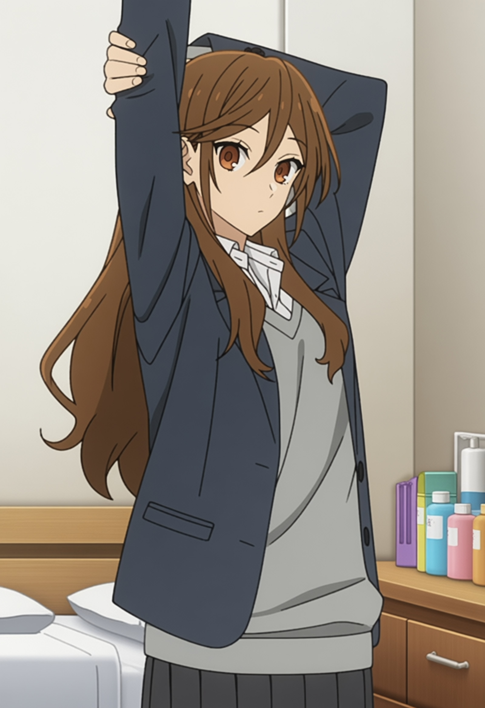 masterpiece, best quality, score_7, amazing quality,, cowboy shot, solo, looking at viewer, , <lora:kyouko-hori-s2-anima-lora-nochekaiser:1>, kyouko hori, hori kyouko, long hair, bangs, brown hair, hair between eyes, brown eyes, mature female, small breasts, anime screencap, shirt, jacket, collared shirt, blazer, sweater, grey sweater, white shirt, black blazer, skirt, black skirt,, stretching, infirmary, bed, medical supplies, first aid,