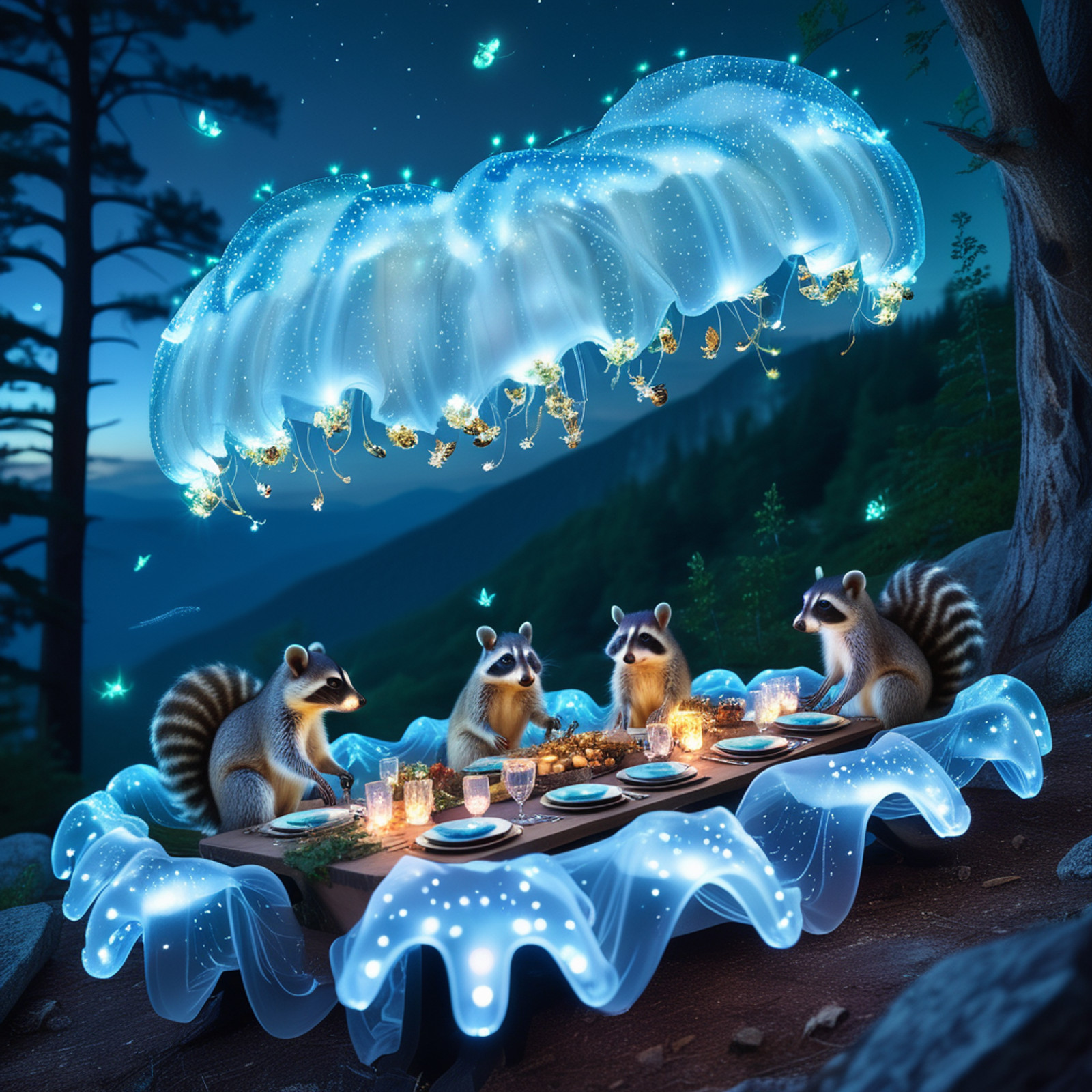 A mountaintop picnic under a hyper-luminescent aurora, where glow-in-the-dark raccoons host a gourmet dinner party for glowing squirrels, bats, and bees. The trees around them wear twinkling lights like gala gowns, the grass pulses with a soft teal glow, and the mountain goat waiter serves luminous flower nectar in crystal leaf goblets. Fireflies float above like chandelier fragments, while a glowing snail DJ spins vinyl made of moonlight
