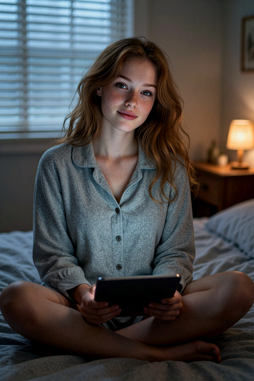emmafrck, ultra-realistic portrait of a young woman. She is wearing a soft heather grey flannel pajama shirt with all buttons fastened up to her collarbone, covering her chest completely. The frame is waist-up. She is sitting cross-legged on a rumpled bed in a small bedroom, holding a tablet in her hands. Her expression is sleepy and amused, looking directly at the camera. The lighting is cinematic with cool blue dawn light filtering through half-closed blinds behind her and warm amber light from a bedside lamp, backlighting her hair. Depth of field is shallow, blurring the messy nightstand in the background. The overall quality is hyper-realistic and a masterpiece.