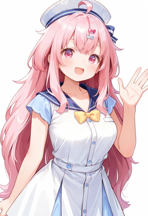 masterpiece,best quality,absurdres,1girl,
:d,
multicolored background,v,outstretched arm,
<lora:training_5545125-20260302213720094:1>,tomari,hair ornament,
sailor hat,blue sailor collar,yellow bowtie,blue sleeves,short sleeves,white dress,