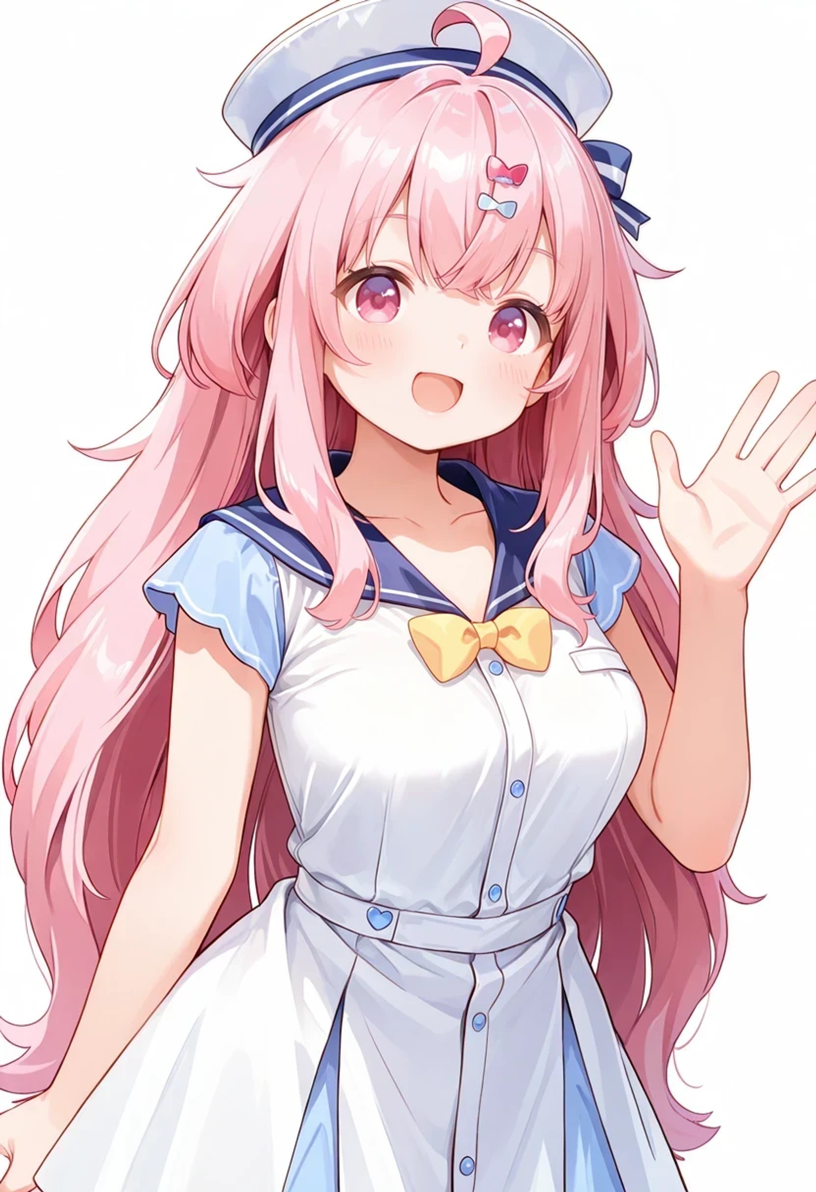 masterpiece,best quality,absurdres,1girl,
:d,
multicolored background,v,outstretched arm,
<lora:training_5545125-20260302213720094:1>,tomari,hair ornament,
sailor hat,blue sailor collar,yellow bowtie,blue sleeves,short sleeves,white dress,