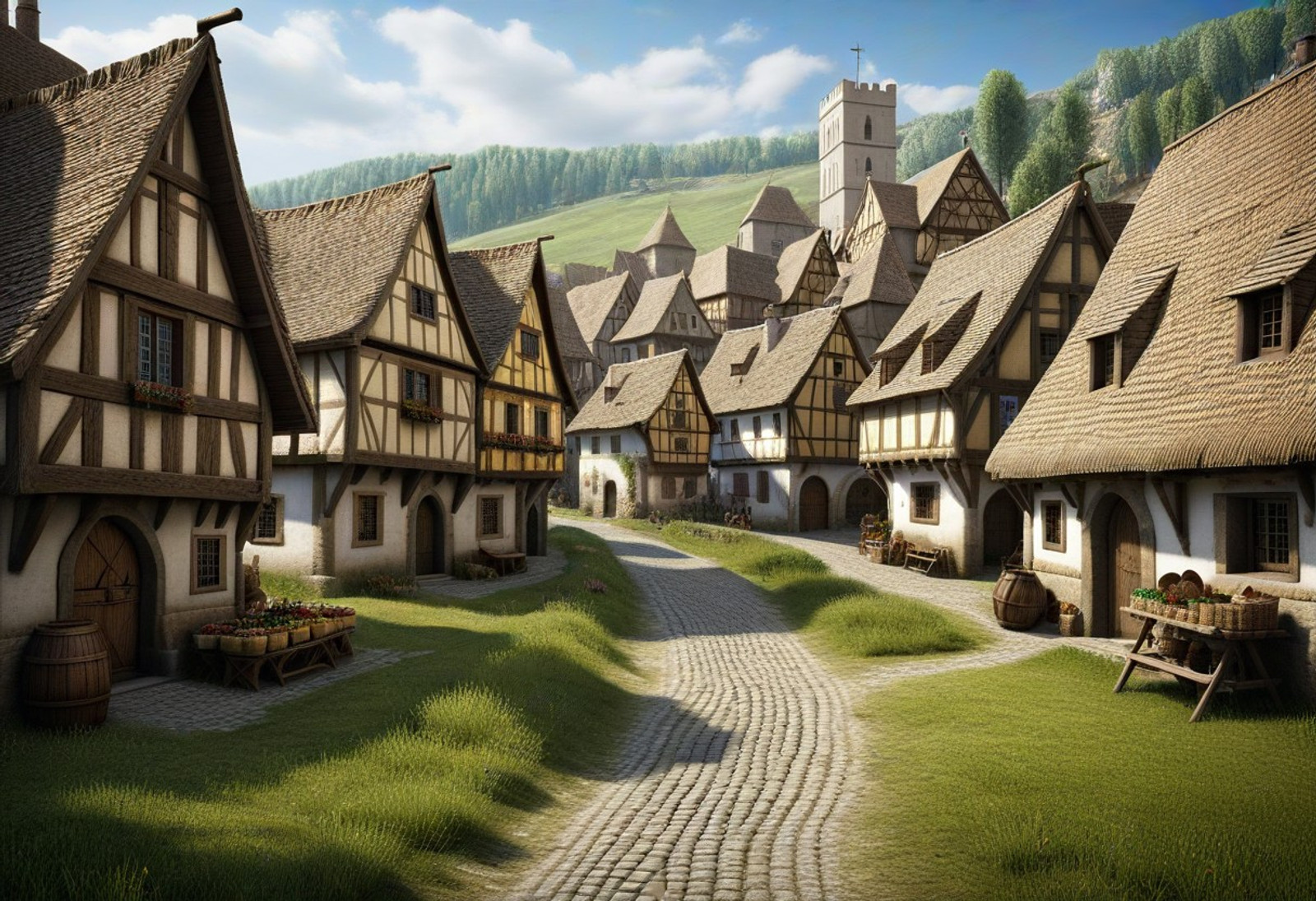 masterpiece, best quality, amazing quality, very aesthetic, high resolution, ultra-detailed, absurdres, newest, outdoors, scenery, grasslands, medieval village street, medieval village marketplace, no humans