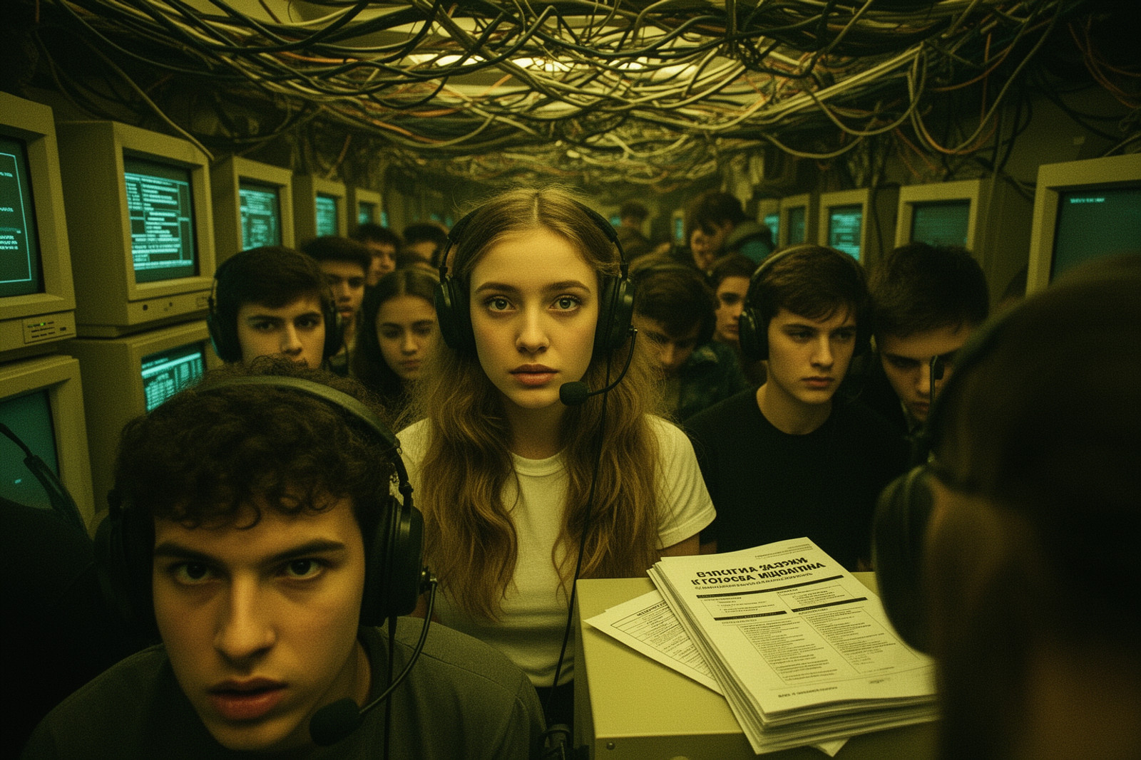 Low-angle medium shot. A crowded, dimly lit room is packed with young people wearing black headsets with microphones. In the center, a young woman with long, wavy light-brown hair and a white t-shirt gazes at the camera with a wide-eyed, alert expression. In the lower left foreground, a young man with dark curly hair and a headset stares intensely forward. The setting features rows of vintage beige CRT monitors displaying glowing data, while the ceiling is draped in a dense web of tangled wires. A stack of paper manuals with Cyrillic text rests on a desk in the foreground. The color palette is a warm, desaturated yellow-green, creating a grainy, analog film aesthetic. The mood is intense and claustrophobic, with subjects packed tightly together in a retro-futuristic environment.