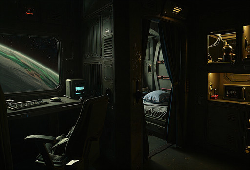 Create an image of an officer's quarters aboard a military spacecraft, looking into the room from the doorway. Include a desk on the left side of the room with a computer monitor, a mouse and keyboard, a futuristic PC Tower, and an office chair partially tucked into the desk. Include a bed recessed into the back wall of the room with a grey-blue pillow and rumpled sheets, as well as a dark blue curtain partially drawn across the entrance. Include several storage lockers near the entrance. Include a door on the right side of the room with a partially visible shower and toilet behind it. Include a window on the left side of the room, behind the desk, with armored slats partially open to reveal the curving horizon of a green alien planet and the starry void of space beyond it. Include a coffee machine and microwave in a recessed cubby hole on the right wall of the room. The lighting should be dim and moody. The room is sparse and utilitarian. The walls have numerous removable panels for maintenance access, some of which have been removed to reveal pipes and wiring. The color is largely dominated by dark steel gray, with chipping paint and small amounts of rust and corrosion.