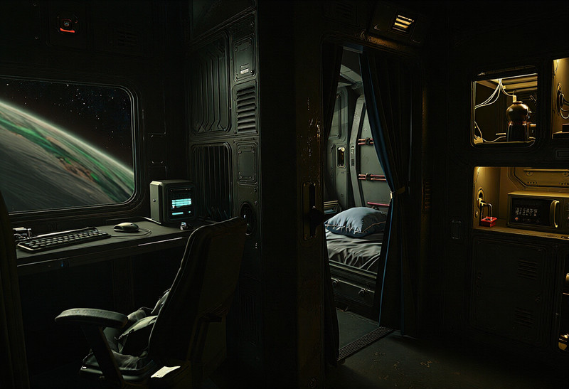 Create an image of an officer's quarters aboard a military spacecraft, looking into the room from the doorway.