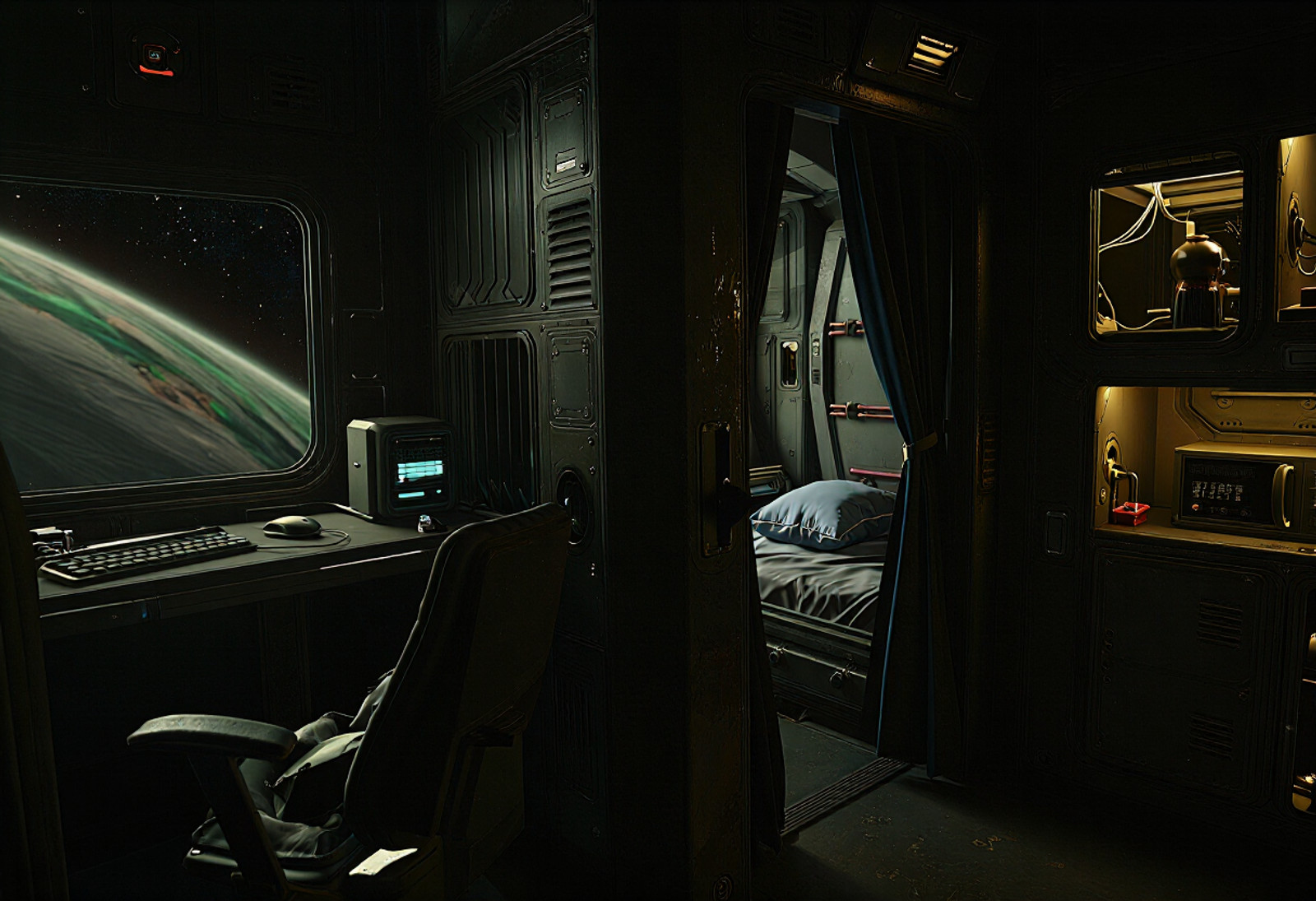 Create an image of an officer's quarters aboard a military spacecraft, looking into the room from the doorway. Include a desk on the left side of the room with a computer monitor, a mouse and keyboard, a futuristic PC Tower, and an office chair partially tucked into the desk. Include a bed recessed into the back wall of the room with a grey-blue pillow and rumpled sheets, as well as a dark blue curtain partially drawn across the entrance. Include several storage lockers near the entrance. Include a door on the right side of the room with a partially visible shower and toilet behind it. Include a window on the left side of the room, behind the desk, with armored slats partially open to reveal the curving horizon of a green alien planet and the starry void of space beyond it. Include a coffee machine and microwave in a recessed cubby hole on the right wall of the room. The lighting should be dim and moody. The room is sparse and utilitarian. The walls have numerous removable panels for maintenance access, some of which have been removed to reveal pipes and wiring. The color is largely dominated by dark steel gray, with chipping paint and small amounts of rust and corrosion.