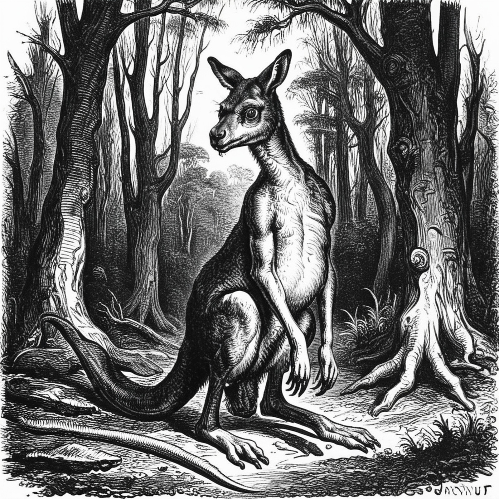 llbreton, monochrome,grayscale, kangaroo, monstrous, forest,