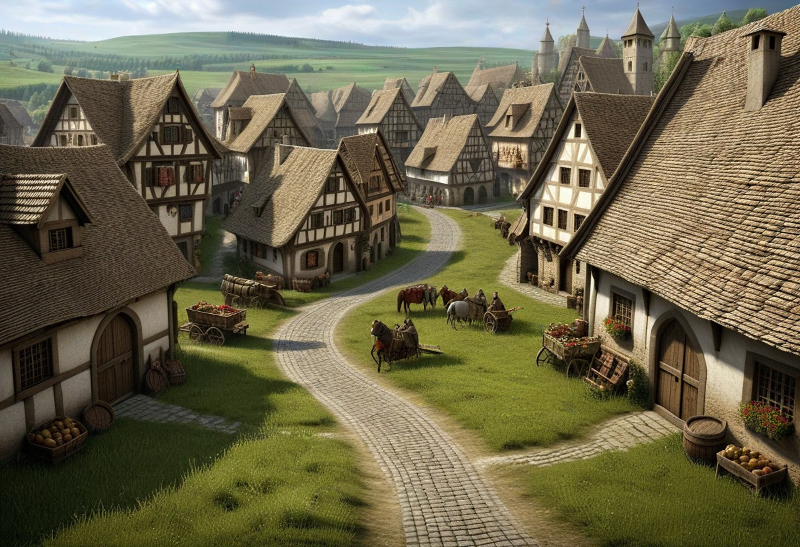 masterpiece, best quality, amazing quality, very aesthetic, high resolution, ultra-detailed, absurdres, newest, outdoors, scenery, grasslands, medieval village street, medieval village marketplace, no humans