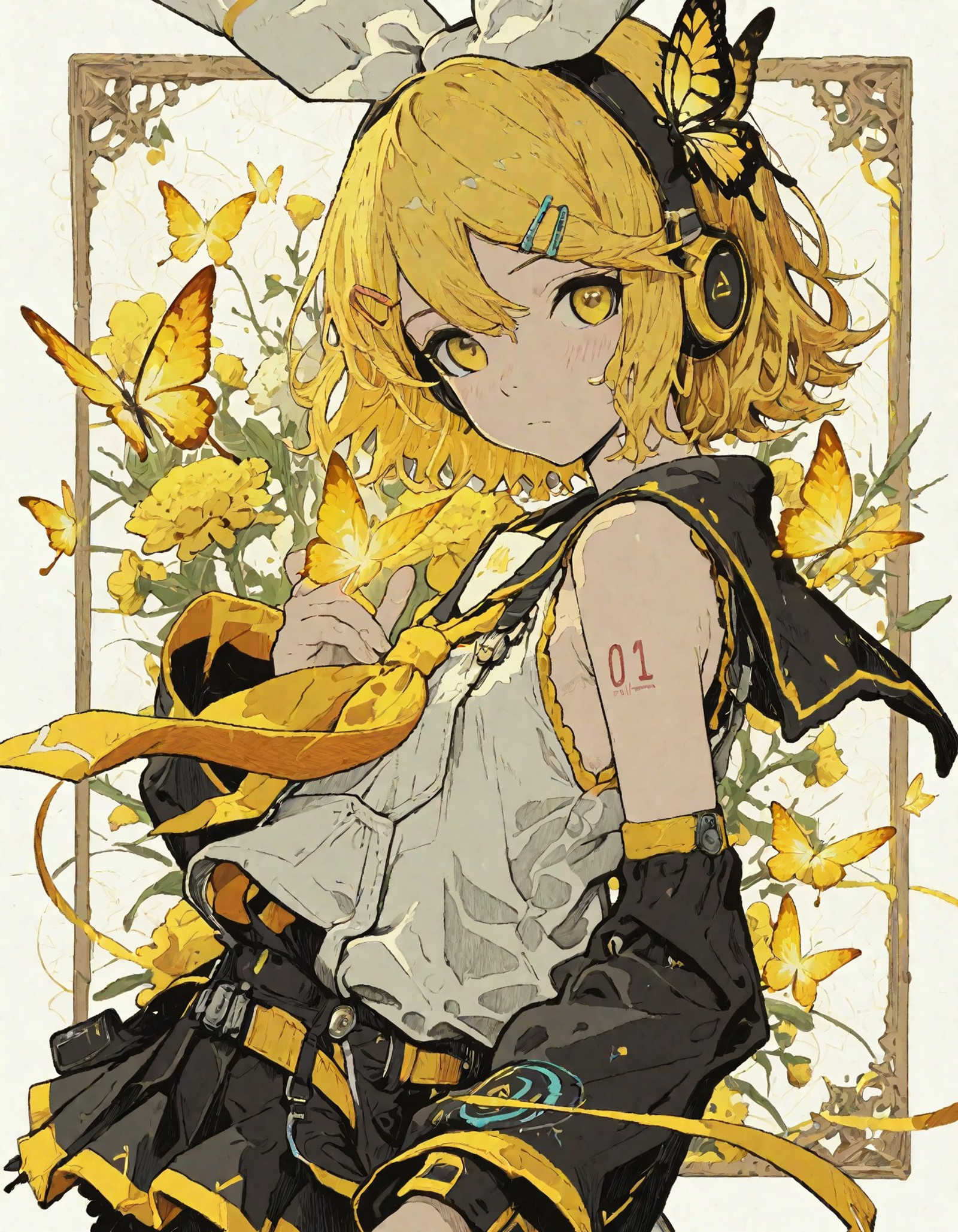 This is a digital anime-style illustration of a young female character with a futuristic, yet cute appearance. She has short, blonde hair adorned with a large white bow and two yellow hair clips. Her eyes are large and vibrant turquoise. She wears black and yellow headphones with a butterfly emblem, matching her outfit, which consists of a white sleeveless top with a yellow necktie, black and yellow pleated skirt, and black arm sleeves with yellow accents. A red number "02" tattoo is visible on her right upper arm. She holds a yellow flower in her right hand, which matches the vibrant yellow butterflies fluttering around her. The background features a soft, floral pattern with yellow and white flowers, framed by a decorative, brown border. The overall color palette is bright and cheerful, with a mix of yellow, black, and white, creating a lively and energetic atmosphere. The character's expression is gentle and slightly shy, with a subtle blush on her cheeks, adding to her cute and approachable demeanor. The illustration is highly detailed, with a focus on smooth lines and vibrant colors, typical of modern digital anime art.
sinozick style, flat color, flat lighting, in the style of cksc, illustration, masterpiece, (extremely detailed CG 8k), (very fine 8K CG), (ultra detailed perfect piece:1.2), lat color, no lineart,,(no lineart, flat art style:1.0), NO_LINE_ART, comical, simple,