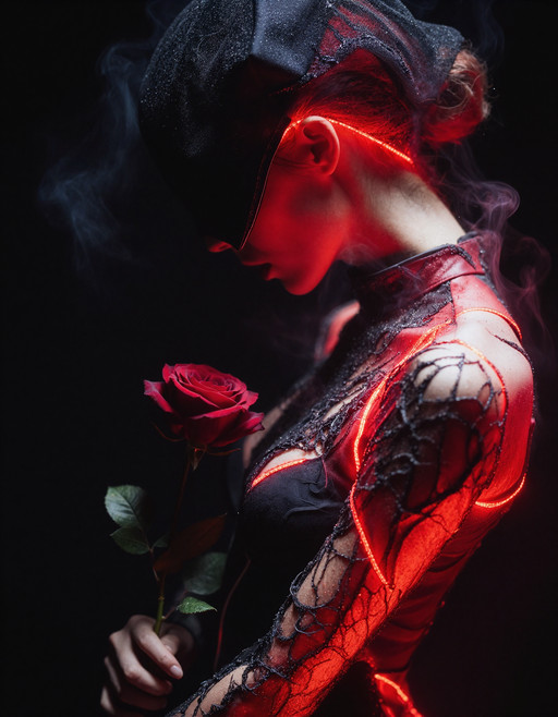 Dark sensual composition, upper-body side-profile view, heavy shadow, velvety blacks, crimson accents, smoky atmosphere, tactile darkness, and moody elegance.

A feminine figure appears in side profile with her head bowed slightly forward. Her body is mostly hidden in darkness, with the curves of the face, chest, shoulder, and upper torso revealed by red light. She wears a widow's cap and a veil that hides the upper face and creates a mysterious silhouette. She is holding a single deep crimson rose by the long stem in hone hand in front of her. She wears a black and crimson turtle neck dress.

Crimson rim light traces the edges of the figure and glows across the chest, neck, and head. Soft smoke rises around the torso and throat area. The surface appears dark, textured, and slightly organic at the edges. The background remains minimal and black, with the figure emerging from shadow and red illumination.