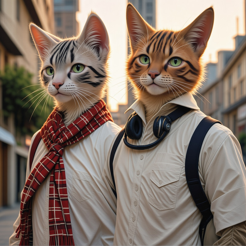 The image depicts two anthropomorphic cat characters standing side by side in an urban setting. The cat on the