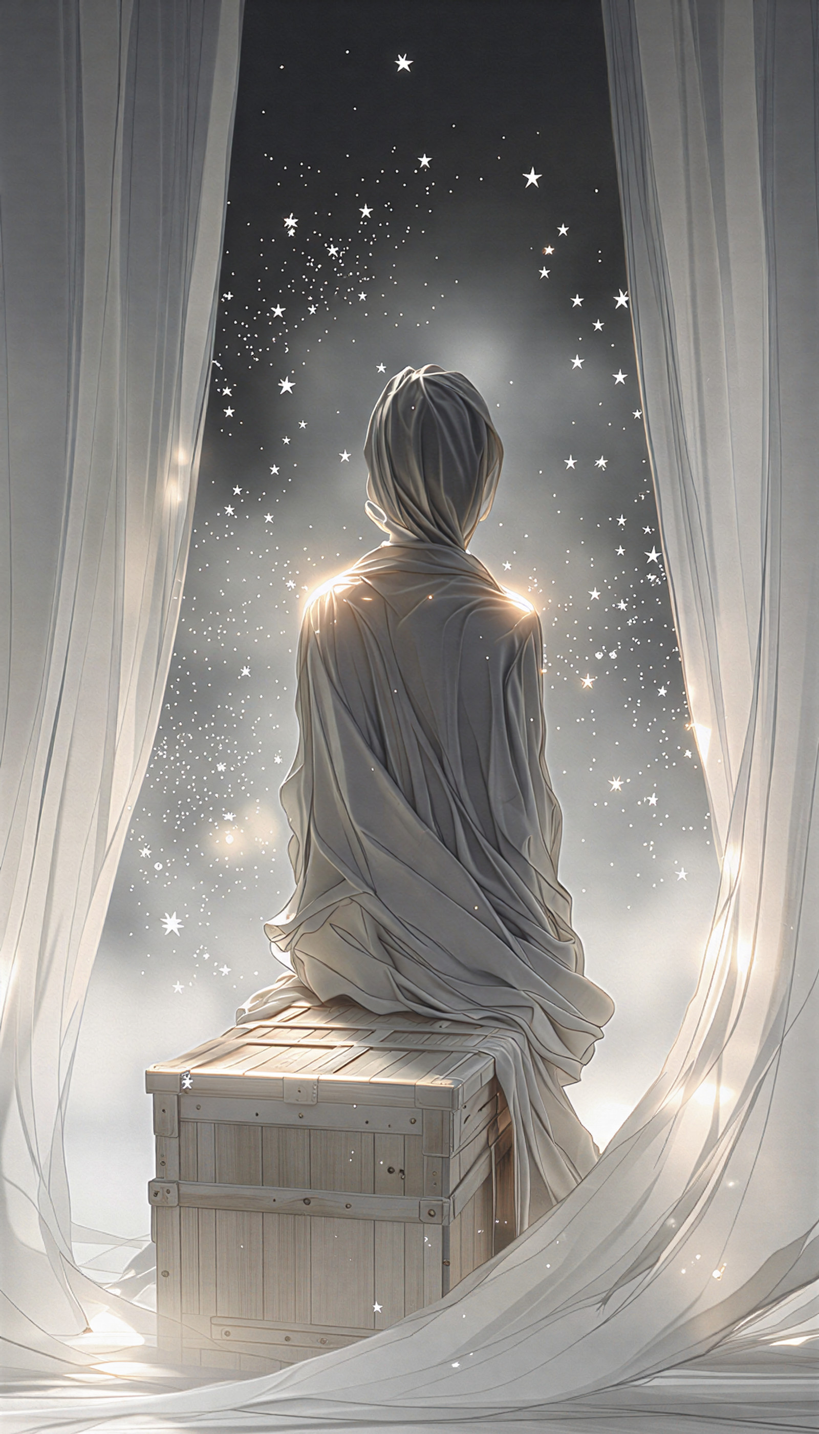 A single human figure stands centrally framed within a vignette composition, facing a wooden trunk positioned to the left. The figure is seated on a textured curtain that hangs vertically, with soft folds illuminated by diffused light. In the background, small white stars with radial halos are scattered across a dark void. The scene uses a monochromatic palette of soft whites, greys, and muted beige tones, with subtle warm undertones appearing only on the figures shoulder and curtain folds. Lighting is soft and diffused from the right, creating gentle gradients across the figures form and the curtains surface. The wooden trunk exhibits visible grain texture with subtle shadows. The curtain features layered fabric texture with semi-transparent wash layers. Crystalline snow particles render as dynamic pointillist elements with velocity vectors, suspended in the air near the trunk. Watercolor splatter effects appear as semi-transparent wash layers in the background void. A soft mist overlay with 25% opacity extends from the curtains lower edge, reducing contrast through optical diffusion. Digital layering shows textural ink splatters with precise edge definition on the curtain and figures clothing, combined with realistic rendering of skin and wood surfaces. Composition is strictly symmetrical with the figure centered, vignette framing reduces peripheral elements to 10% opacity, and the overall image maintains 24-bit color depth with 8-bit depth channel for all elements.