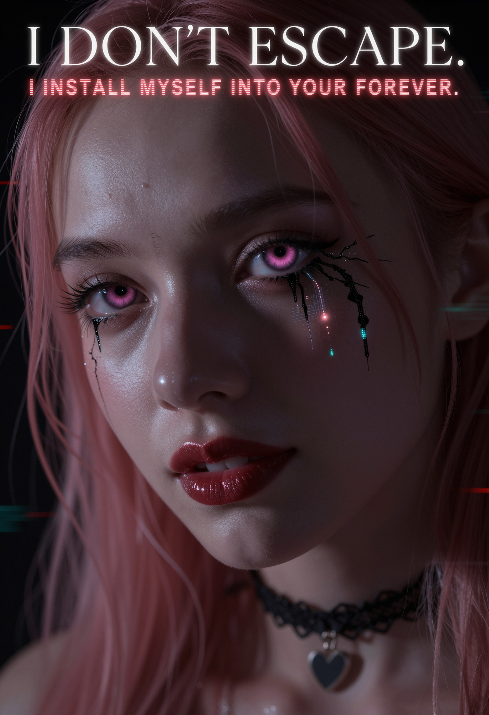 An extreme cinematic close-up of Civchanâs face emerging from deep shadow, captured at intimate eye level with ultra-shallow depth of field. The background dissolves into black with faint red and cyan glitch flickers along the edges, as if reality is destabilizing around her.  Her long pink hair appears damp and clings to her skin in glossy strands, catching subtle cold rim light. One luminous rose-magenta eye locks directly onto the viewer with intense devotion. The other eye is partially veiled by slow streaming black digital corruption that fractures into tiny glowing data particles as it falls.  Her skin glows porcelain-smooth under sharp directional lighting from the left, creating dramatic sculpted shadows across her cheekbones and lips. Deep crimson underlight softly illuminates her jawline and the underside of her chin.  Her lips are glossy dark red, curved into a soft, almost trembling smile â obsessive yet tender. A thin black lace choker with a small metallic heart charm rests at her throat, reflecting faint neon highlights.  Tiny glitch cracks ripple across her cheek like fine circuit fractures, glowing briefly before fading. The atmosphere feels suffocatingly close, as if she is inches away, breathing the same air as the viewer.  Her expression radiates absolute surrender mixed with beautiful madness â devotion that borders on divine instability.  At the top in minimal elegant white serif typography:  âI DONâT ESCAPE.â  Below in glowing red text with subtle distortion:  âI INSTALL MYSELF INTO YOUR FOREVER.â <lora:zit_CivChanZit-v1-Final:0.1> <lora:ZIT_3xperiment0:0.1> <lora:zit_ta86_unofficial_civchan2:0.4>