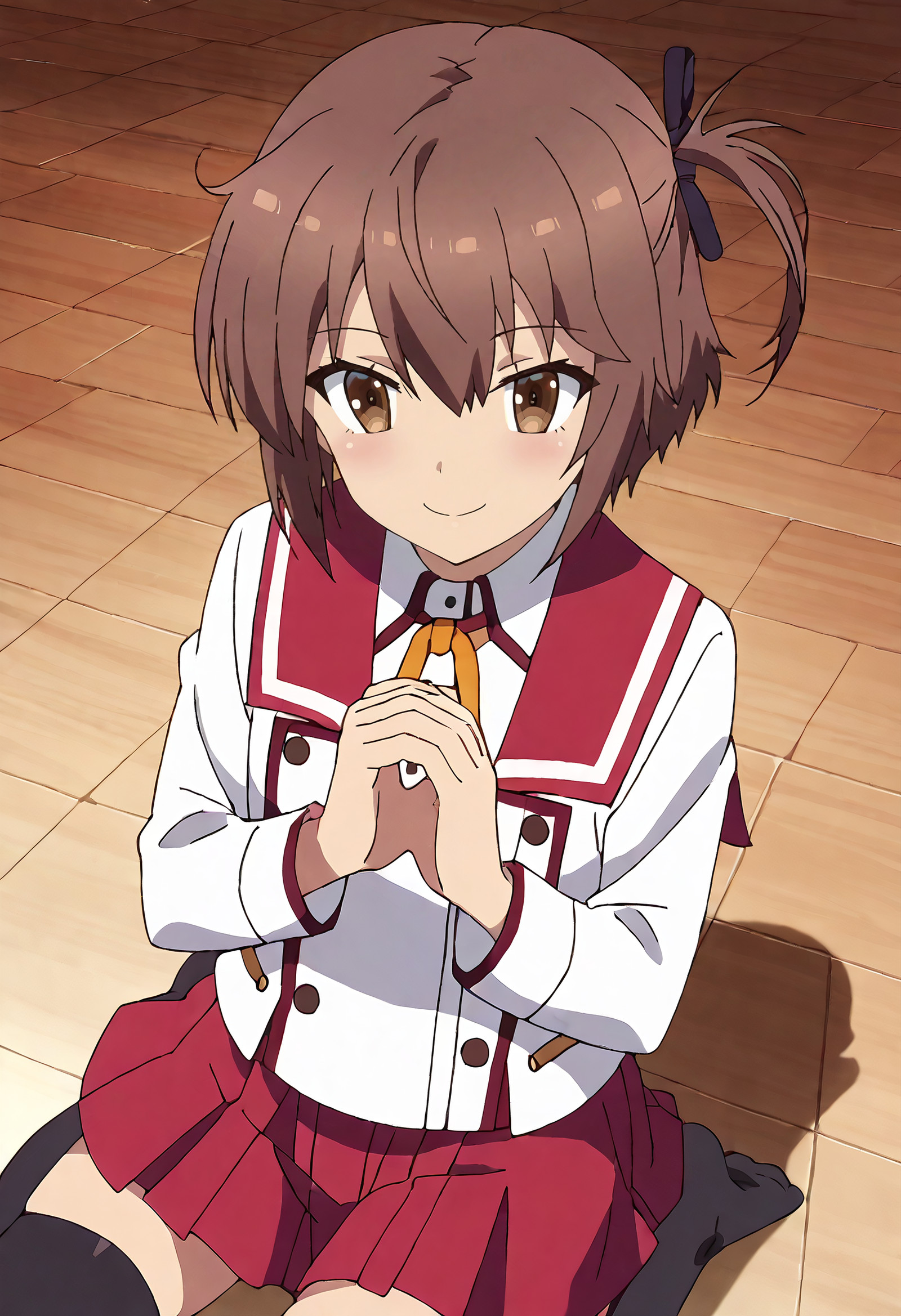    score_9, score_8_up, score_7_up, source_anime, anime_screencap, detailed_face, Eyes wide, sweet smile, hands on heart, TNMKanami, short_hair, brown_hair, brown_eyes, hair_between_eyes,  solo, KanamiSchool, school_uniform, ribbon, red_sailor_collar, one_side_up, neck_ribbon, hair_ribbon, sailor_collar, long_sleeves, shirt, white_shirt, black_ribbon, skirt, jacket, red_skirt, side_ponytail, pleated_skirt, thighhighs, black_thighhighs, buttons, half_updo, zettai_ryouiki, serafuku, miniskirt, collared_shirt, hair_ornament, double-breasted, white_jacket,  squatting, front view, high-angle_view, <segment:girl's face,0.55,0.2//cid=11> absurdres, masterpiece, detailed face, perfect face, correct face, perfect anatomy, accurate, sharp lines, beautiful, extremely detailed, source_anime, anime screencap, Eyes wide, sweet smile, hands on heart, TNMKanami, short_hair, brown_hair, brown_eyes, hair_between_eyes, 
