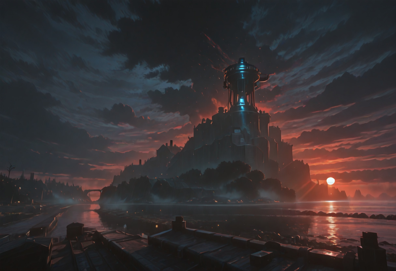 BREAK: very awa, aesthetically pleasing, masterpiece, best quality, high contrast, Clean Composition, dynamic lighting, exterior, vivid colors, photographic realism, dark picture, 
rooftop view, atmospheric haze, smog, fog, nature, dreary, gritty, night, overcast, 
BREAK:
<lora:DisBac_(Background)_(Illustrious)_(AD):1.25> DisBac, steampunk, city,  <lora:BSS_Visual Enhancer Slider:0.85>, <lora:Dramatic Lighting Slider:4>, <lora:AddMicroDetails_Illustrious:0.6> addmicrodetails, <lora:Modern_anime_render:0.15>,
n'ei, chiaroscuro, very awe, aesthetically pleasing, masterpiece, best quality, absurd details, dutch angle, wide shot, no humans,
river, sea, brick buildings, industry, steampunk style buildings, city, dramatic landscape, 
BREAK: lazypos,