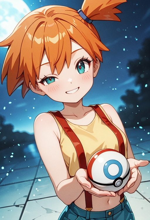 Portrait, masterpiece, top quality, latest, absurd, high resolution.
1girl, Misty (pokemon), orange hair, side ponytail, short hair, aqua eyes, yellow tank top, crop top, midriff, suspenders, suspenders shorts, denim shorts.
Waist-up view.
Holding a Poké Ball in his hand, smiling, looking at the viewer, winking, he directs a gaze at the viewer.
Night, moonlight, blurred and out-of-focus background.
Exaggerated lighting on the edges of the character.
Dynamic angle, aerial shot.
Floating particles, a blend of fantasy and realism.
Ambient brightness, light on the edges of the figure, luminous aesthetic.