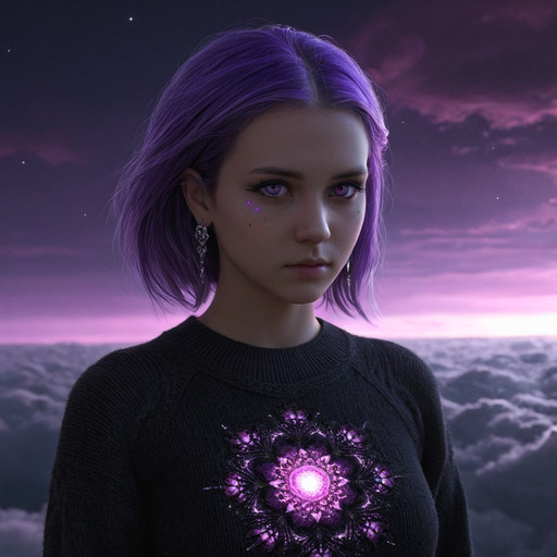 3dmm style,(masterpiece, top quality, best quality, official art, beautiful and aesthetic:1.2), (fractal art:1.3), 1girl, beautiful, high detailed, purple hair with a hint of pink,  dark lighting, serious face, looking the sky, sky, medium shot, black sweater, jewelry
