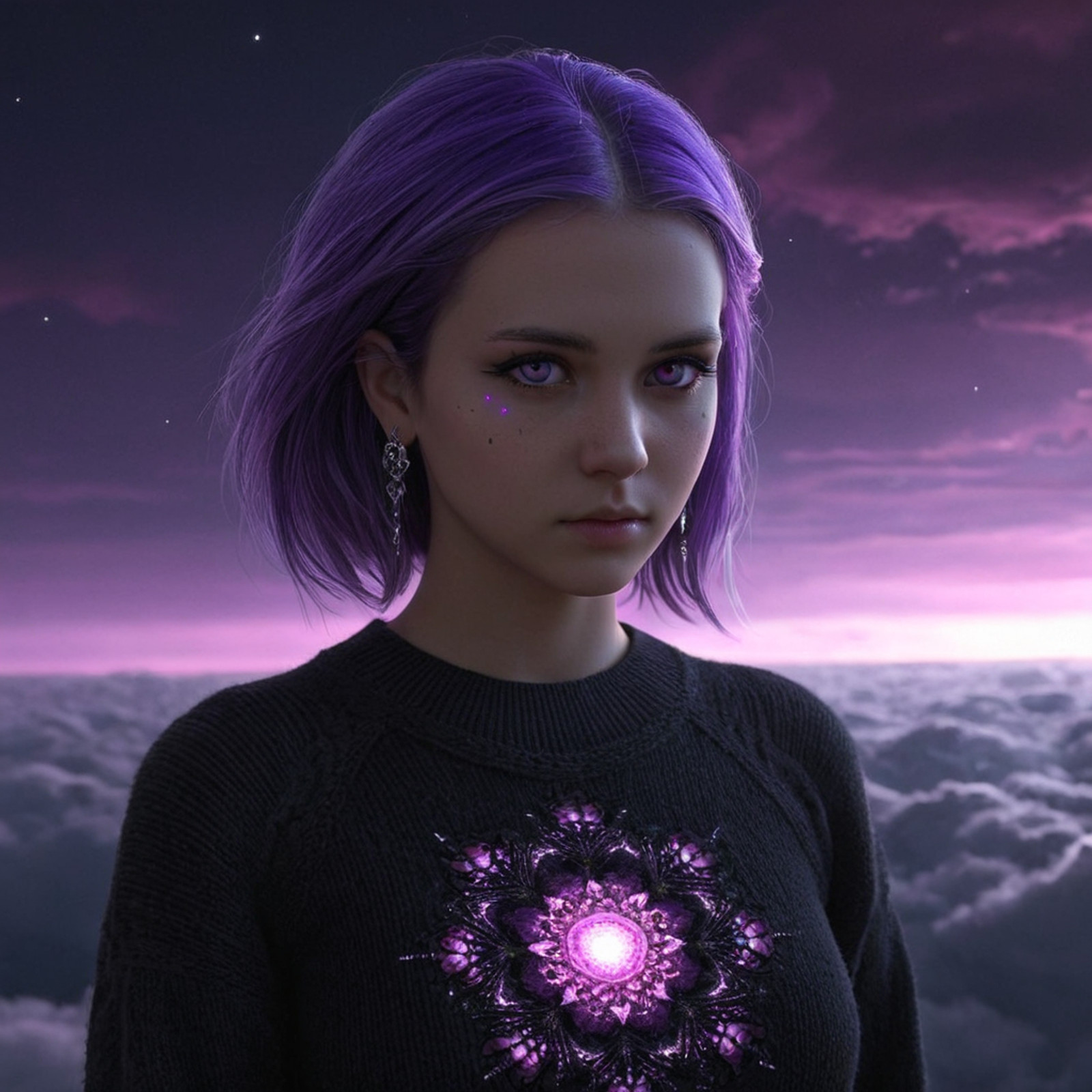 3dmm style,(masterpiece, top quality, best quality, official art, beautiful and aesthetic:1.2), (fractal art:1.3), 1girl, beautiful, high detailed, purple hair with a hint of pink,  dark lighting, serious face, looking the sky, sky, medium shot, black sweater, jewelry