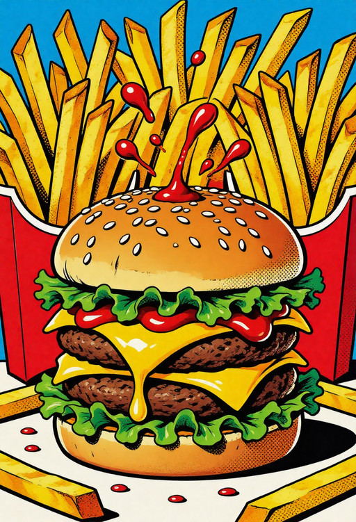 , pop art bold halftones, Towering triple cheeseburger with flying sesame seeds, dripping yellow cheese and red ketchup splashes frozen mid-air, strong Andy Warhol & James Rosenquist influence, repeating pattern of giant french fries in the background, screaming yellow, tomato red and pickle green color palette, heavy black comic outlines, halftone dots