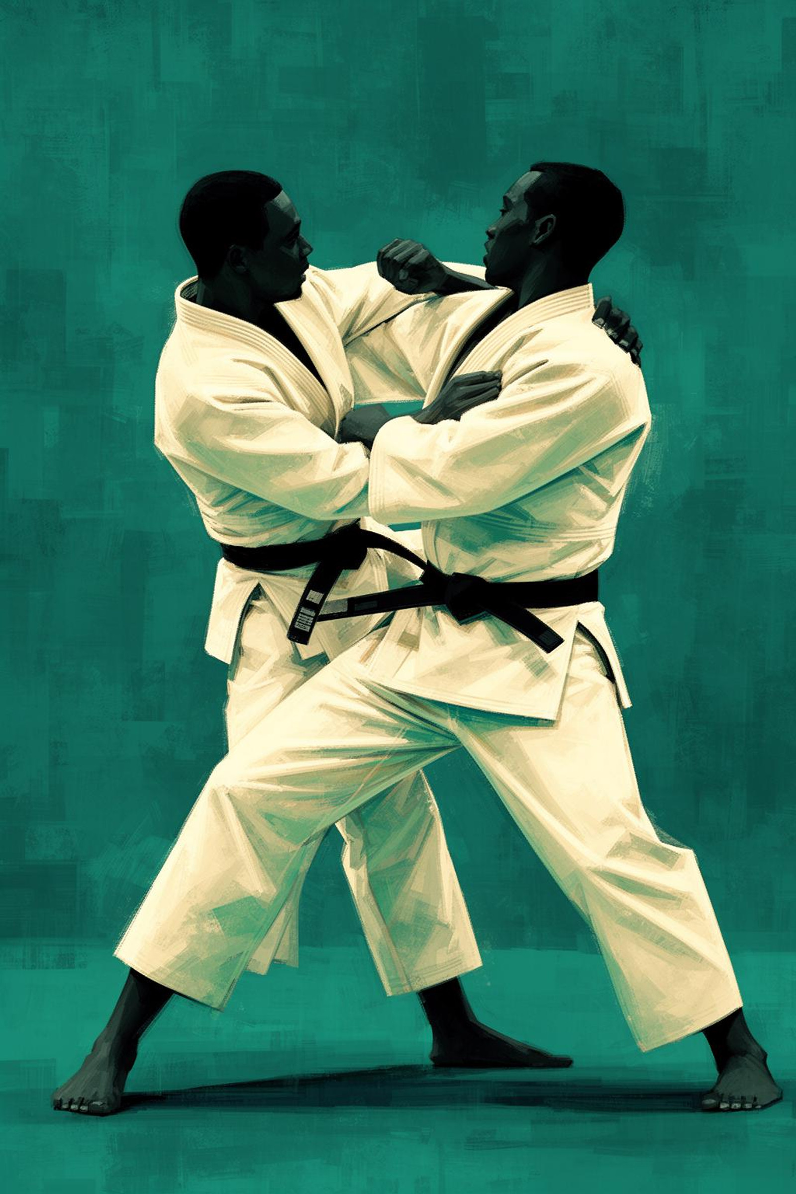 Two male figures engaged in a dynamic judo grappling maneuver against a textured teal background. Both subjects wear traditional white judogi, consisting of heavy cotton jackets and trousers, with their faces rendered in simplified, dark shapes. The composition is highly rhythmic, with the figures intertwined in a pose that suggests both combat and fluid, dance-like movement. The artistic style is a modern graphic illustration with an Impressionist influence, utilizing broad, visible brushstrokes and a layered, collage-like texture. The color palette is restricted to shades of cream, emerald green, and deep teal, creating a sophisticated and high-contrast look. Lighting is abstract and non-directional, focusing on the interplay of shapes and the tactile quality of the simulated paint. The overall mood is powerful, disciplined, and elegantly athletic.<lora:TA-2026-03-03-00-52-59-Twomalefig-82:0>