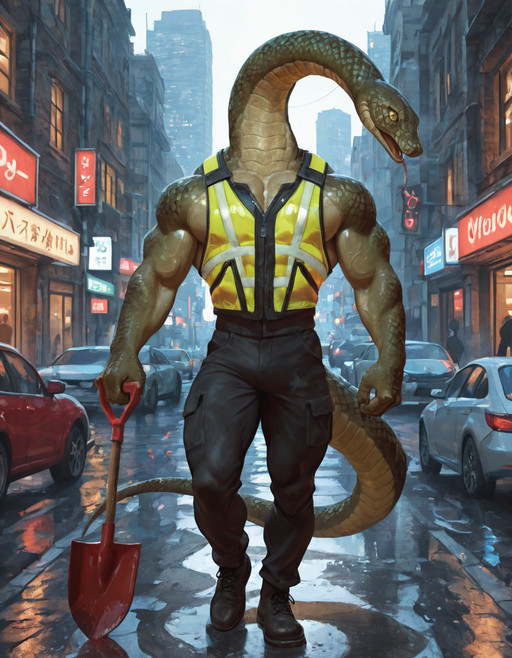 masterpiece, fine details, breathtaking artwork, high quality, 8k, very detailed, high resolution, exquisite composition and lighting, masterpiece, best quality, high resolution, <lora:SerpentMan_IL:0.8>, serpent man, anthro, monster, snake, long neck, tail, green scales, solo, male, (muscular, muscles:2.0), sweaty, constructor worker, city street, digging, daytime, work clothing, shirt, highviz vest, modern day, city street, cars in background, full body, shovel,