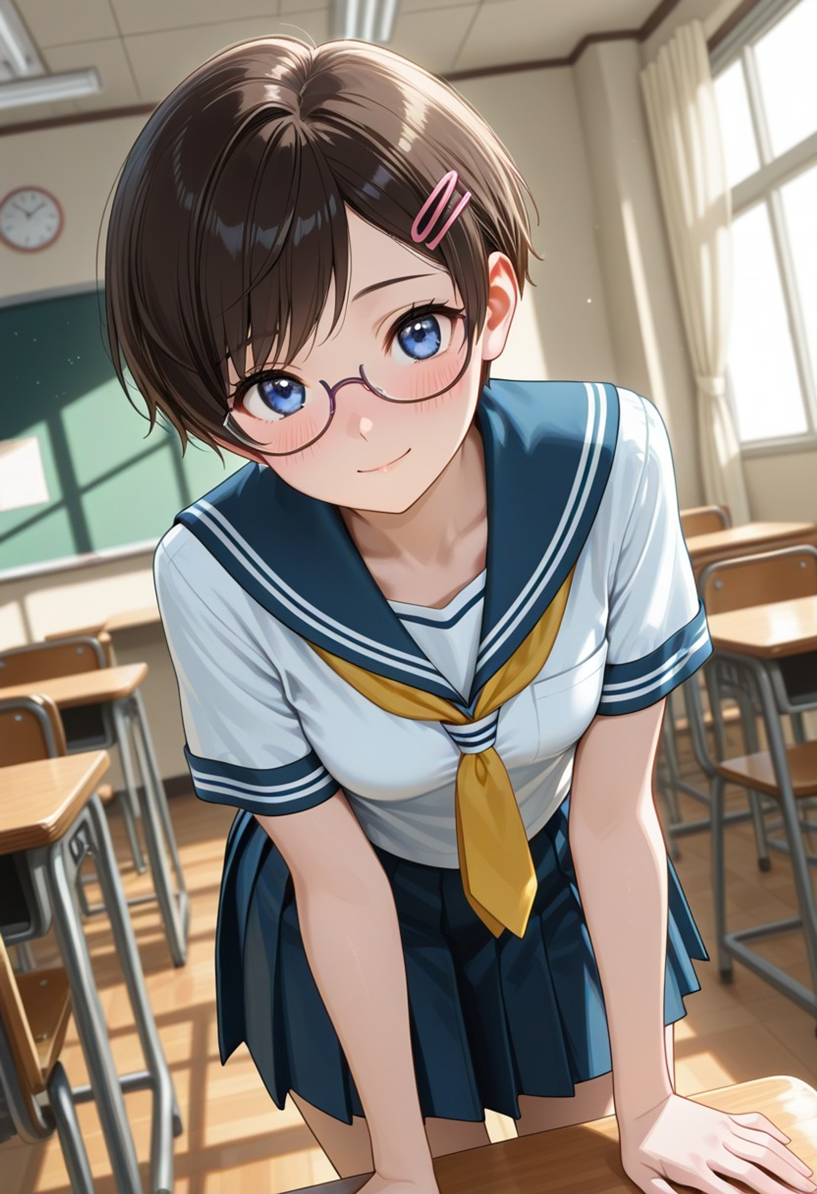 ((high quality:1.5), ((high resolution)), ((incredibly detailed)), newest, 8K, 16K, visualnovel illustration quality, masterpiece, natural lighting, perfect anatomy, detailed background, dynamic angle, indoors, classroom, chair, from behind,   1woman, white serafuku, blue sailor coller, short sleeve, yellow tie, blue pleated skirt, standing, leaning forward,  perfect face, perfect blue eyes, semi-rimless eyewear, small breasts, detailed brown pixie cut, swept bangs, lustrous skin, flushed skin, hairpin, soft smile, blush,Jeddtl02,