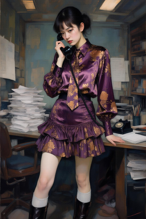 kaoruyamada2q painting.  
Extreme low-angle, "worm's eye" view close-up view of a stylish East Asian woman standing in a relaxed pose in a cluttered, dimly lit home office, looking down at the camera. She wears oversized dark plum aviator sunglasses and has her dark hair sleekly tied back. Her outfit is a luxurious two-piece ensemble featuring a metallic plum and gold floral patterned silk blouse with a matching ruffled mini-skirt, thin coordinated necktie, off-white socks and short leather boots. She holds a black vintage telephone receiver to her ear with a poised, serious expression. Behind her, stacks of white papers and office supplies are visible.  <lora:Qwen-Image-Lightning-4steps-V2.0:0.5> <lora:kaoruyamada2q_d16a8e7:1.0><lora:TA-2026-01-26-22-42-18-kaoruyamad-66:0>