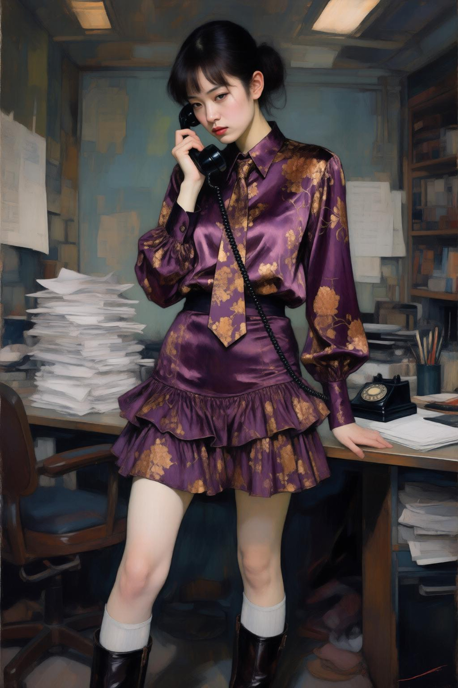 kaoruyamada2q painting.  
Extreme low-angle, "worm's eye" view close-up view of a stylish East Asian woman standing in a relaxed pose in a cluttered, dimly lit home office, looking down at the camera. She wears oversized dark plum aviator sunglasses and has her dark hair sleekly tied back. Her outfit is a luxurious two-piece ensemble featuring a metallic plum and gold floral patterned silk blouse with a matching ruffled mini-skirt, thin coordinated necktie, off-white socks and short leather boots. She holds a black vintage telephone receiver to her ear with a poised, serious expression. Behind her, stacks of white papers and office supplies are visible.  <lora:Qwen-Image-Lightning-4steps-V2.0:0.5> <lora:kaoruyamada2q_d16a8e7:1.0><lora:TA-2026-01-26-22-42-18-kaoruyamad-66:0>