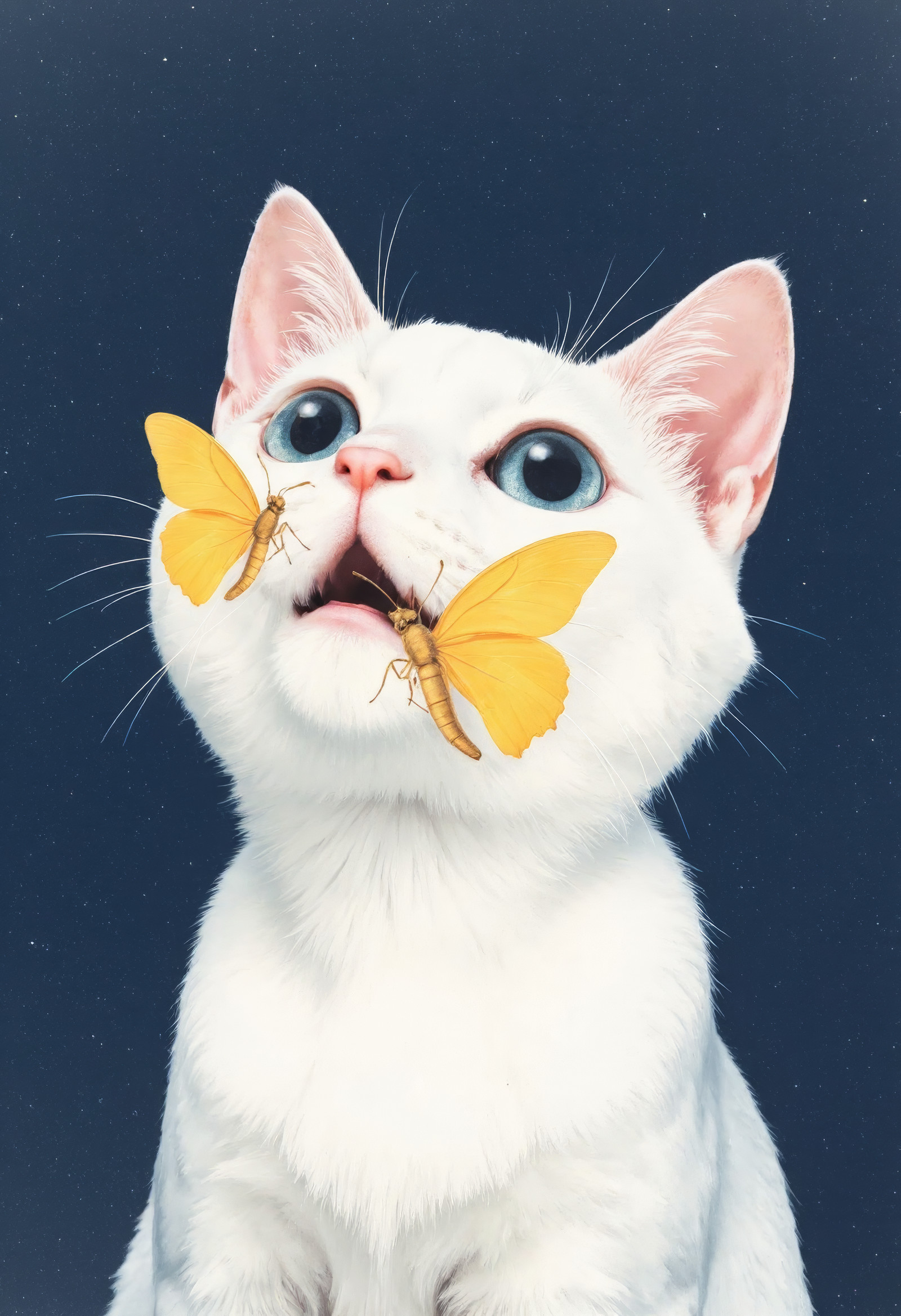 A captivating, close-up risograph and anime-style painting, focusing on a pristine white cat with wide, curious eyes. Its fur is rendered with simple, clean lines and a minimalistic design, creating a stark contrast against a deep, dark blue background. A small, vibrant yellow butterfly with delicate wings is caught in mid-flight directly in front of the cat's face, its motion a soft blur of pastel color. The entire scene is bathed in a gentle, diffused light, highlighting the soft curves and cute cartoon illustration style. The composition, with its bold, vintage aesthetic and sharp focus on the central figures, feels both modern and nostalgic.
<lora:lamArtN Nostalgic MTL_f1:1> lamArtNâââ