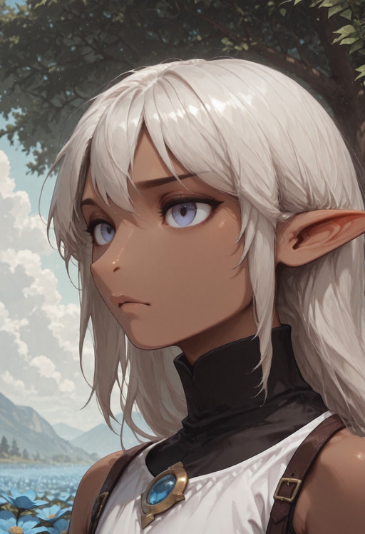 1 girl, ((solo)), androgynous, (Lapanya), ((3-fingers-1-thumb)):1.2, pointy ears, Garial, blue eyes, athletic body type, black detached sleeves, white tunic, brown shoulder straps,simple top, pretty, gold brooch, oval brooch, blue gemstone,
Neutral expression, parted mouth,
Outdoors background, sky, clouds,  trees, blue flowers,
clean lines, high quality, best quality, masterpiece, ((detailed fingers, perfect fingers, perfect nostrils)), rating: safe,