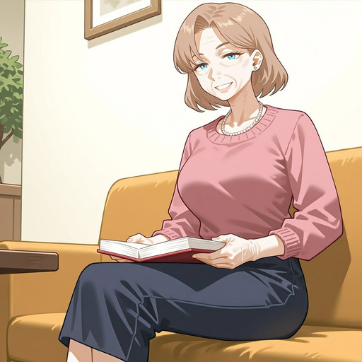 masterpiece, best quality, anime screenshot, safe, highres, absurdres, <lora:Cosmos-Predict2.5-2B-base-distilled-LoRA:1>, <lora:AIIlustOjisan_AnimaP_v01:1>,@toridamono,,,score_9, score_8, score_7,
<lora:Marguerite_Adni_animaXL:0.8>, marguerite_adni, brown hair, elder woman,  smile, sitting on sofa, in reception room