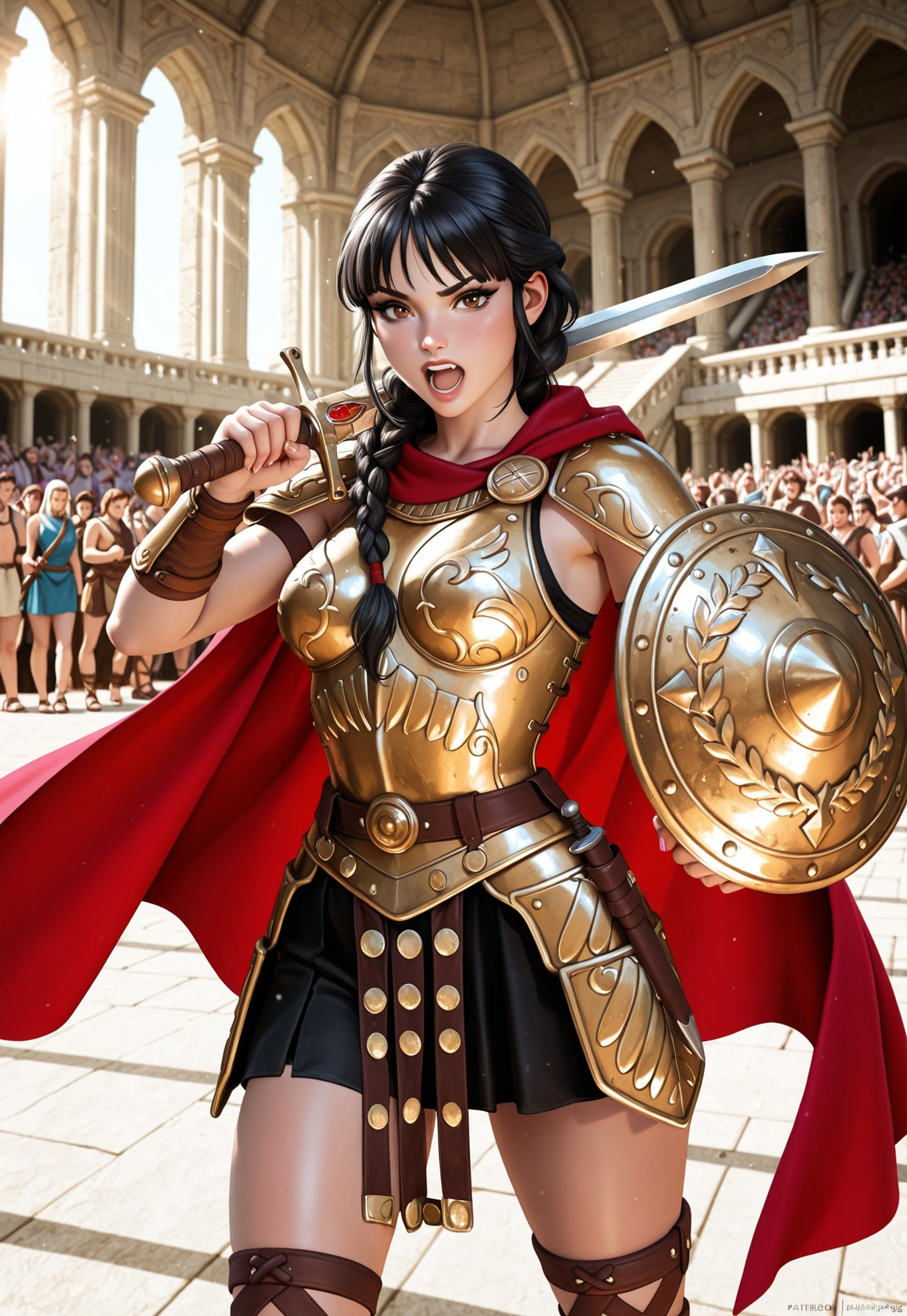 Roman Gladiator with long black hair braided in a braid and brown eyes. She wears bronze armor with a red cape, leather bracers, and sandals. Wielding a short sword and shield, she stands in a coliseum, surrounded by roaring crowd and sunlight.
((cowboy_shot))
<lora:kajinman_style_pdxl_goofy:1.0>
<lora:DandonFuga_Style_v.2_-_Pony:0.8>