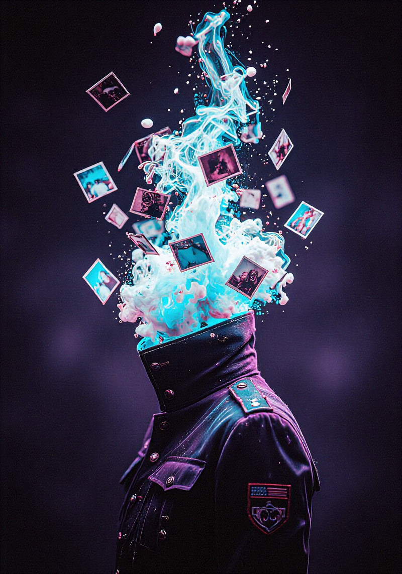 A faceless memory archivist dissolving into a burst of luminous cyan ink and floating photograph fragments, or